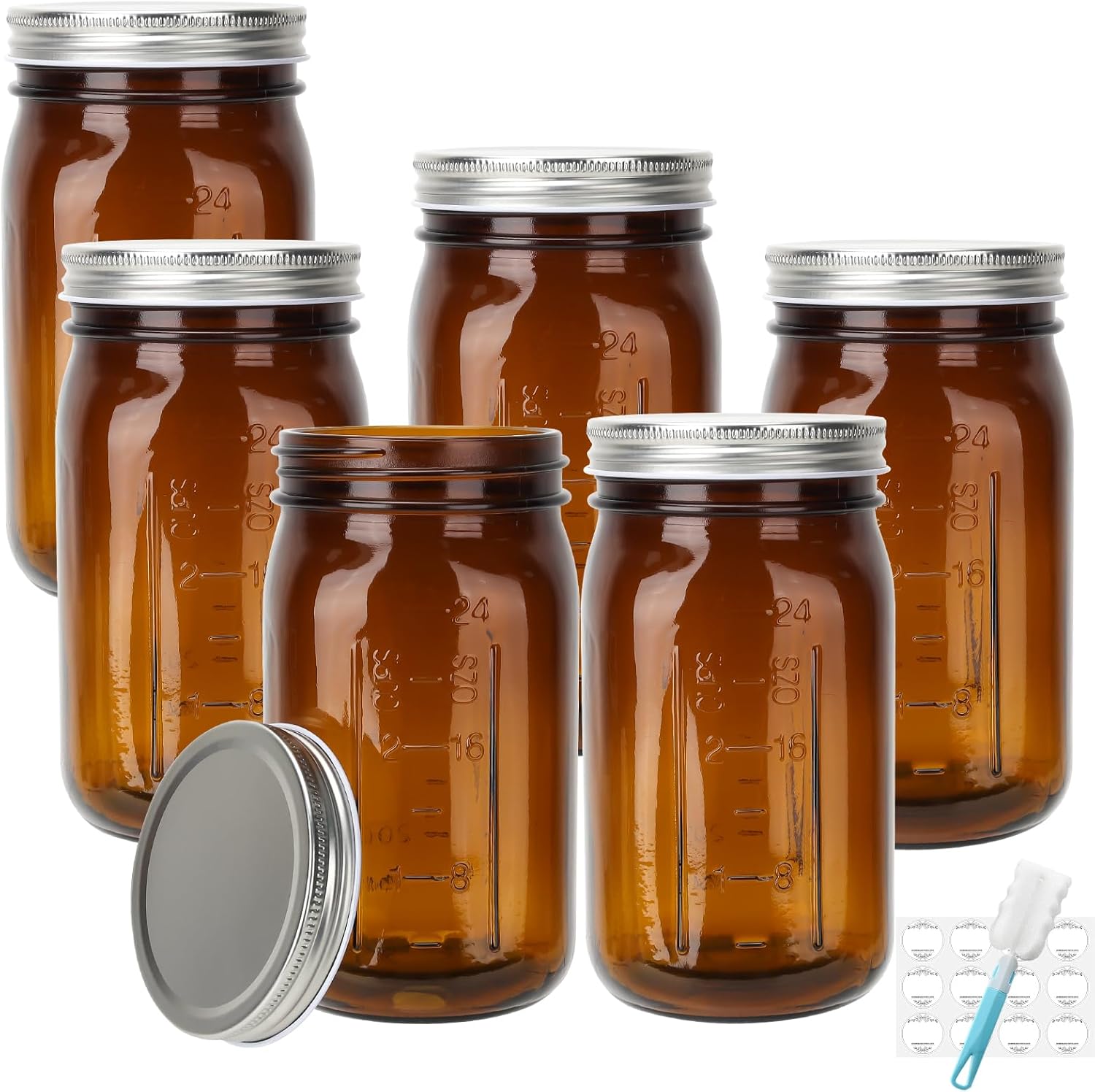 DHSBTLS 32 oz Glass Mason Jars, 6 Pack Amber Wide Mouth Glass Canning Jars with Silver Aluminum Lids and Bands, Airtight Jars for Food Storage, Canning, Overnight Oats, Fermenting, Pickling, Decor