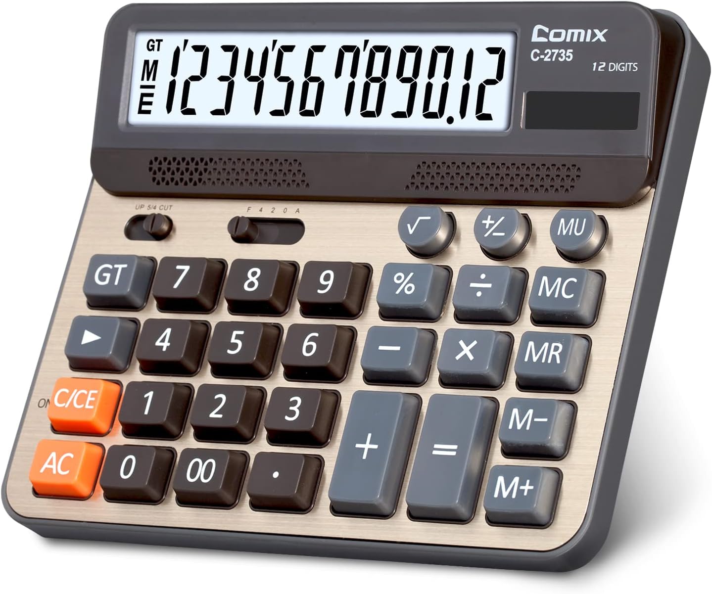 Comix Desktop Calculator, Large Computer Keys, 12 Digits Display, Champaign Gold Color Panel, C-2735 | Solar Battery Dual Power, 5 Inch Large LCD Display, Computer Keys, 4 Function Basic Calculator Office Business Home Use