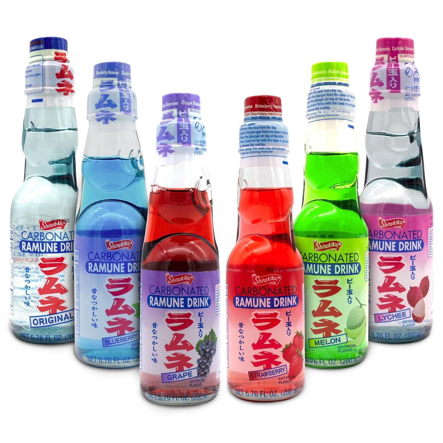 Shirakiku Ramune Japanese Soda Variety Pack | Japanese Marble Soda in Multiple Flavors | Original, Strawberry, Melon, Lychee, Grape, Blueberry - 6.76 fl oz Bottles - Pack of 6