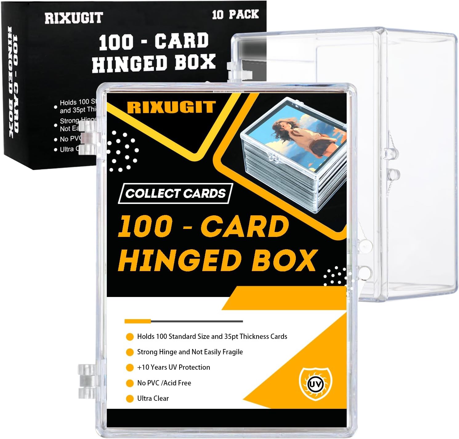 10-Pack 100-Count Deck-Case Card-Box - Hinged Trading Card Storage Box, Trading Deck Boxes, Clear Case Collection Storage Box for Gaming, Sports, Baseball, Playing Cards