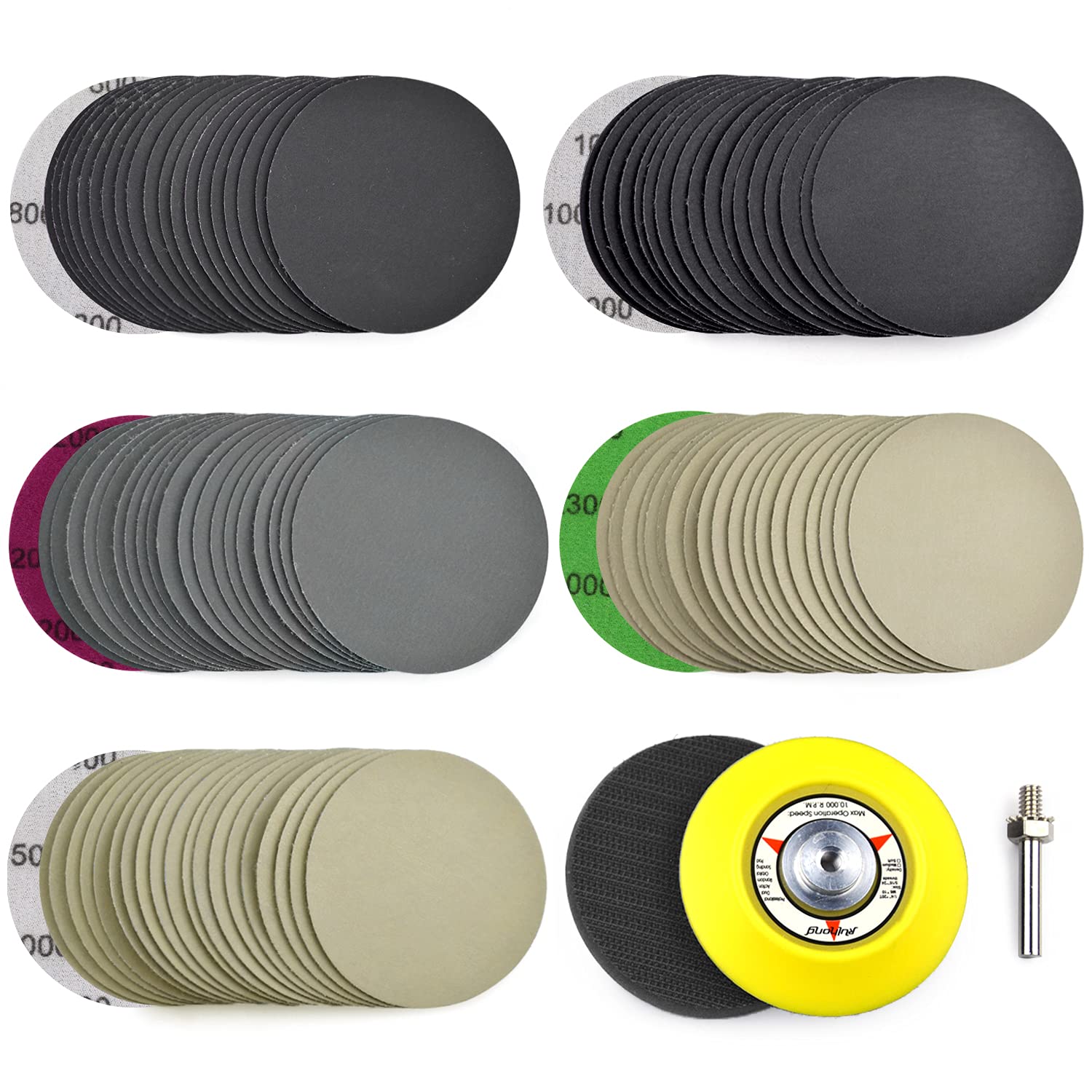 POLIWELL 3 Inch (75mm) Assorted 800/1000/2000/3000/5000 Grit Premium Heavy Duty Silicon Carbide Wet/Dry Hook & Loop Sanding Discs with 1/4 inch Shank Sanding Pad + Foam Buffering Pad, 100PCS