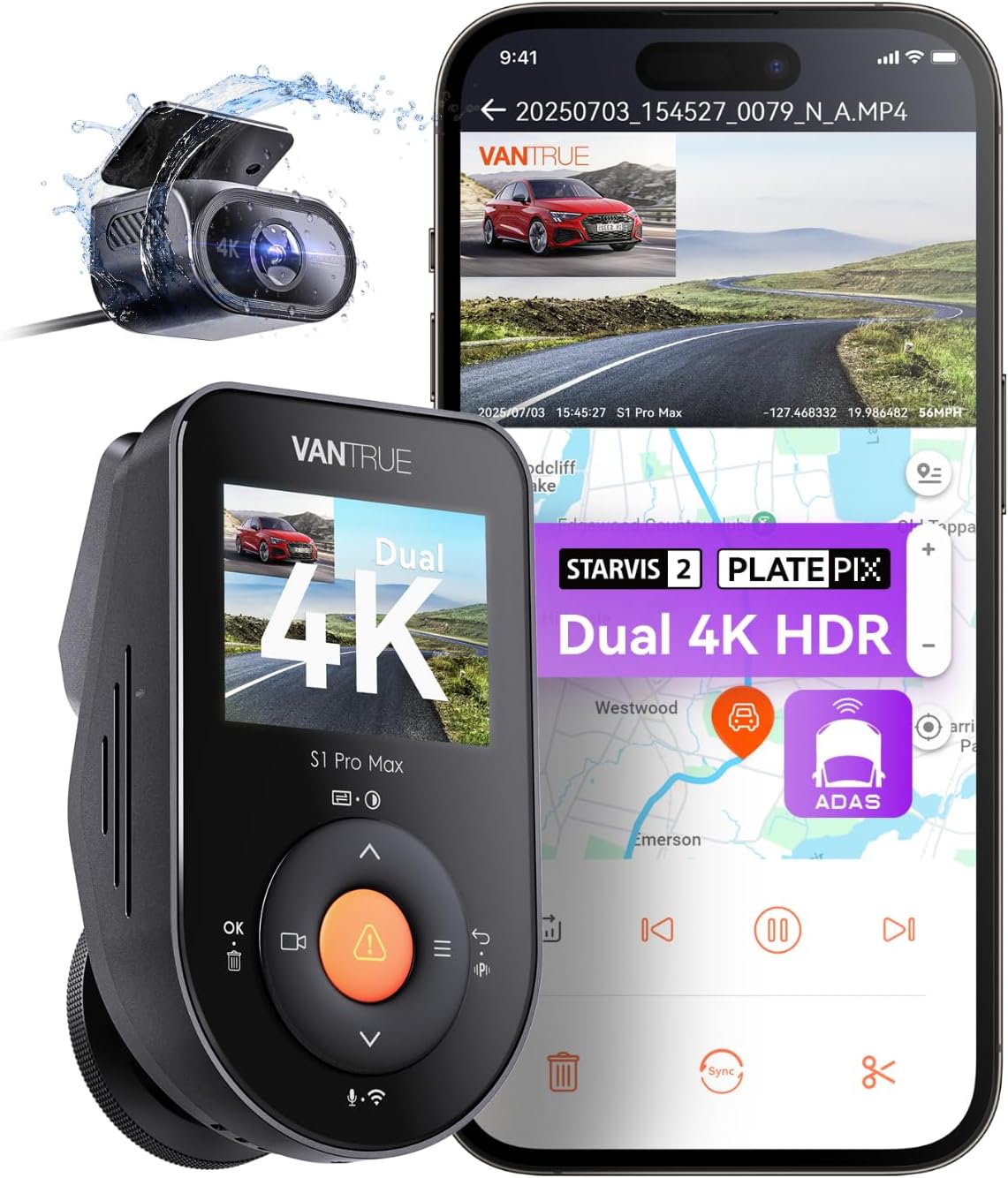 Vantrue S1 Pro Max 4K+4K(2160P+2160P) Dash Cam Front and Rear, Dual Dash Camera with Starvis2 HDR PlatePix Night Vision, 5GHz WiFi, GPS, Optional Lte, Parking Mode, Voice Control, Dashcam Support 1TB