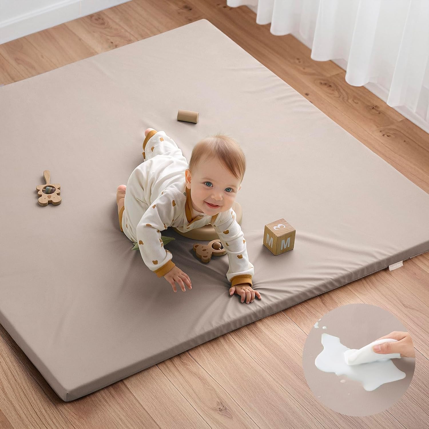 Blissful Diary Vegan Leather Baby Play Mat, 50''x50'', Taupe