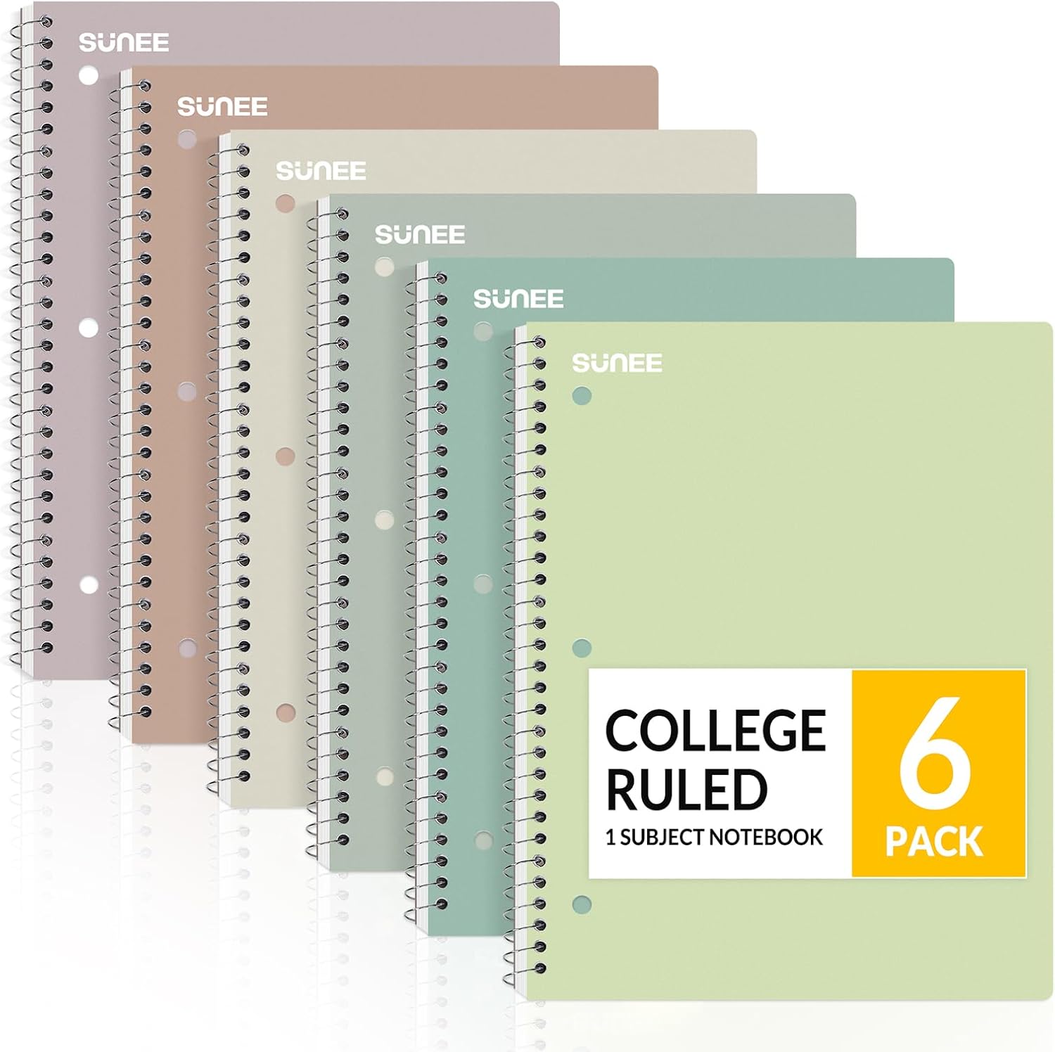 SUNEE Spiral Notebooks, 6 Pack, 1-Subject, College Ruled Paper, 8" x 10-1/2", 70 Sheets per Notebook, Assorted Aesthetic Colors Spiral Notebooks for School