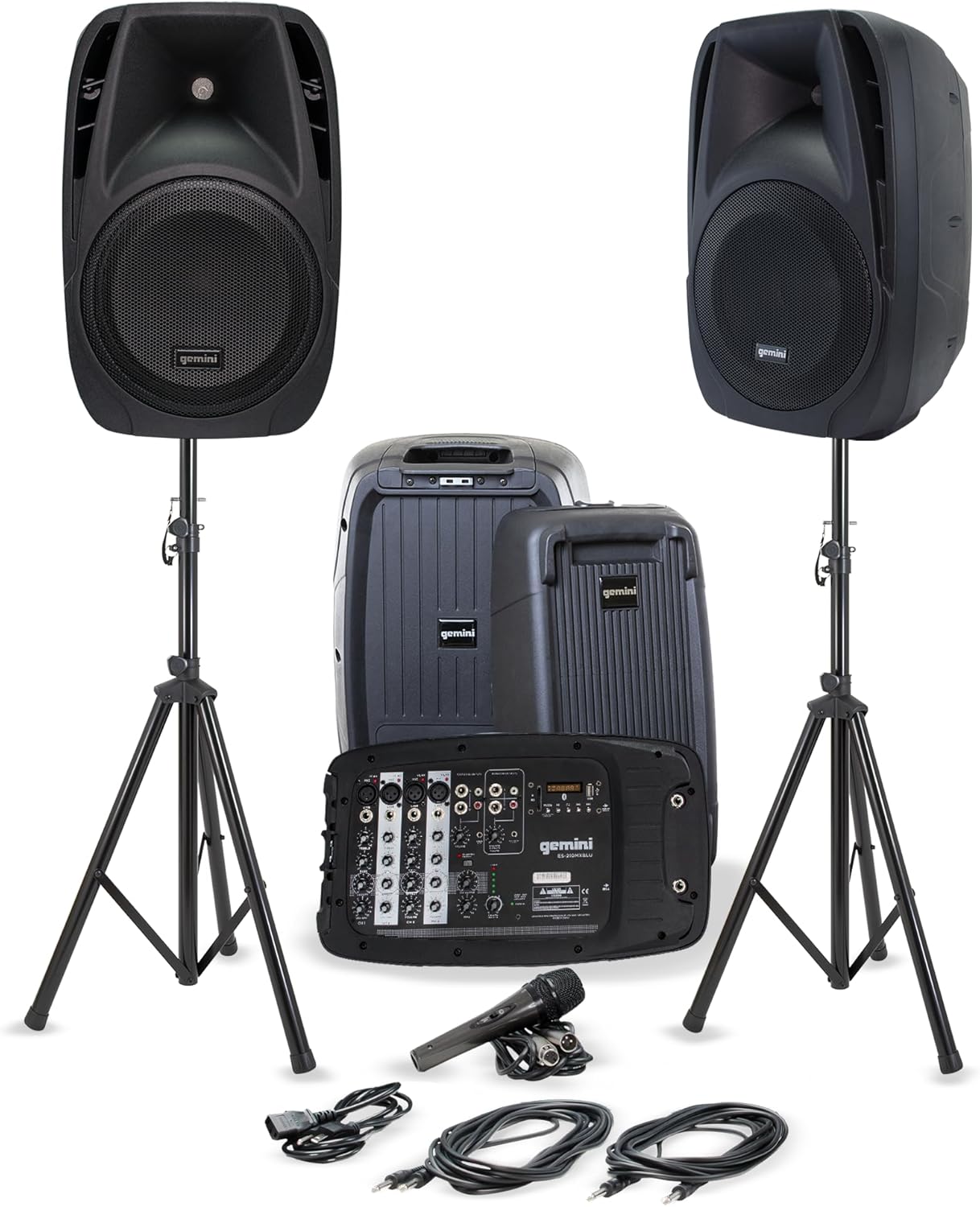 Gemini Portable PA System with Stands, Bluetooth, 600W Powered System with 6-Channel Mixer, Dual 10" Speakers, Mic & Cables—All-in-One for Events, DJs & Fitness (ES-210MXBLU-ST)