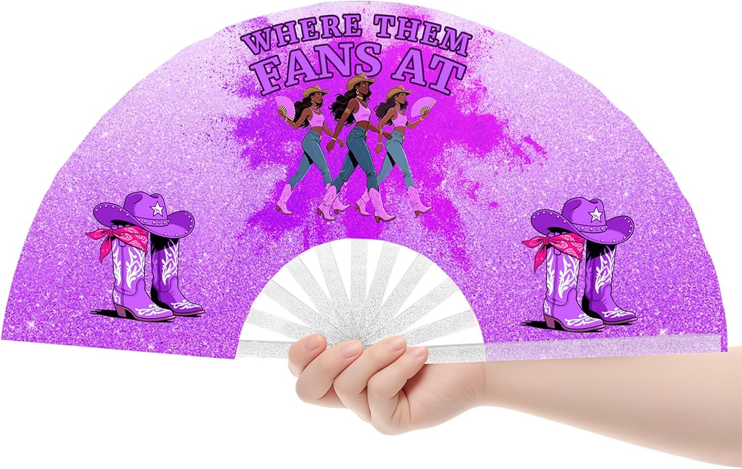 Where Them Fans at Clack Fan, Boots on the Ground Hand Fan, Fans for Line Dancing, Western Large Festival Folding Fans, 26in (Purple)