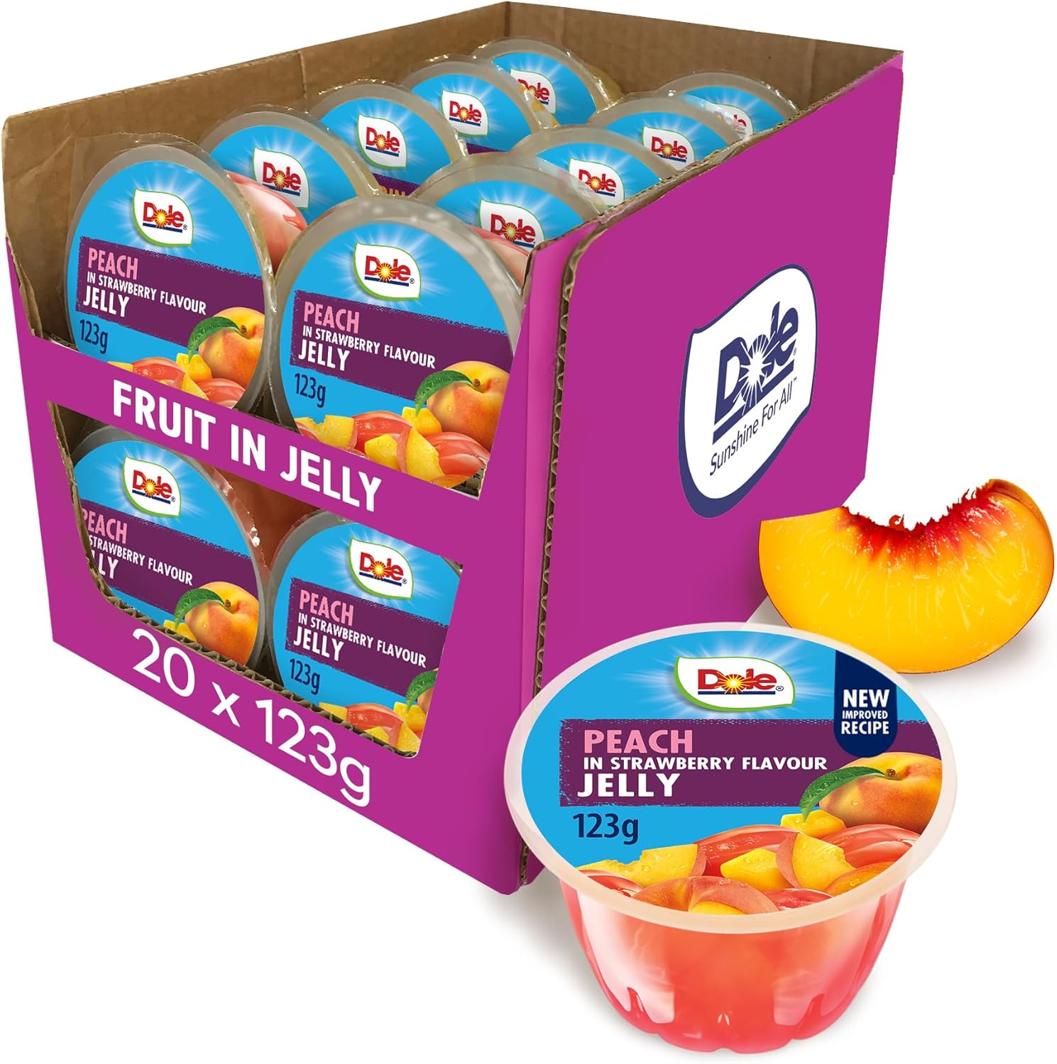 Dole Peach in Strawberry Jelly Fruit Pots 20 x 123g, Healthy Snack Made with Fresh Fruit, No Added Sugar Fruit Bowls, Perfect for Breakfast & Dessert or Adding to Recipes