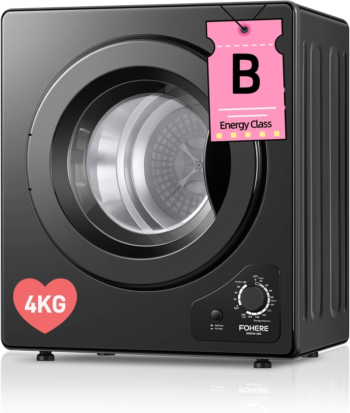 4KG Tumble Dryer, FOHERE 1200W Compact Vented Tumble Dryer, 5 Auto Drying Mode, with Sensor, Exhaust Duct & Stainless Steel Tub, for Apartment, Home, Dorm, Black