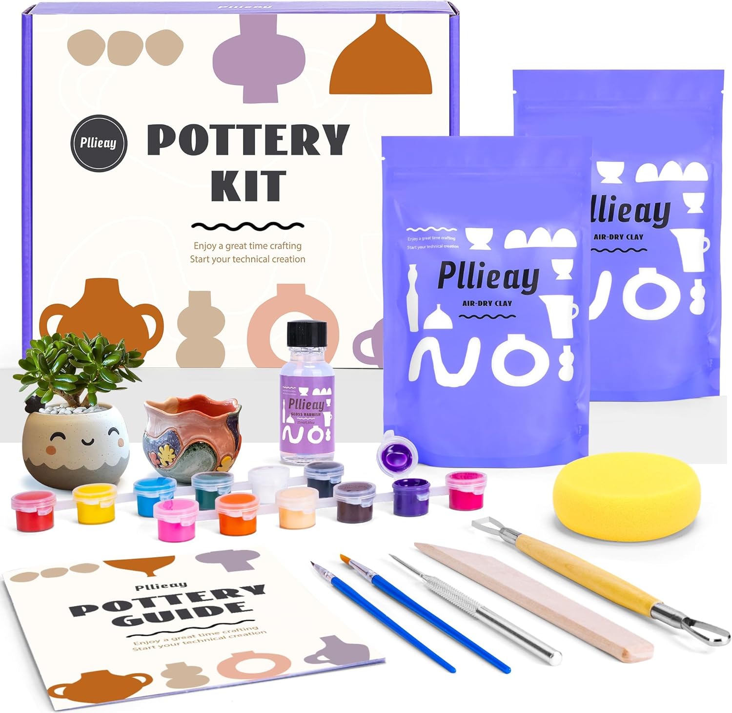 Pllieay Pottery Kit for Adults Air Dry Clay Kit Pottery Starter Kit for Beginners Pottery Painting Kit Includes Sculpting Tools, Varnish, Paint Brushes, and Instruction