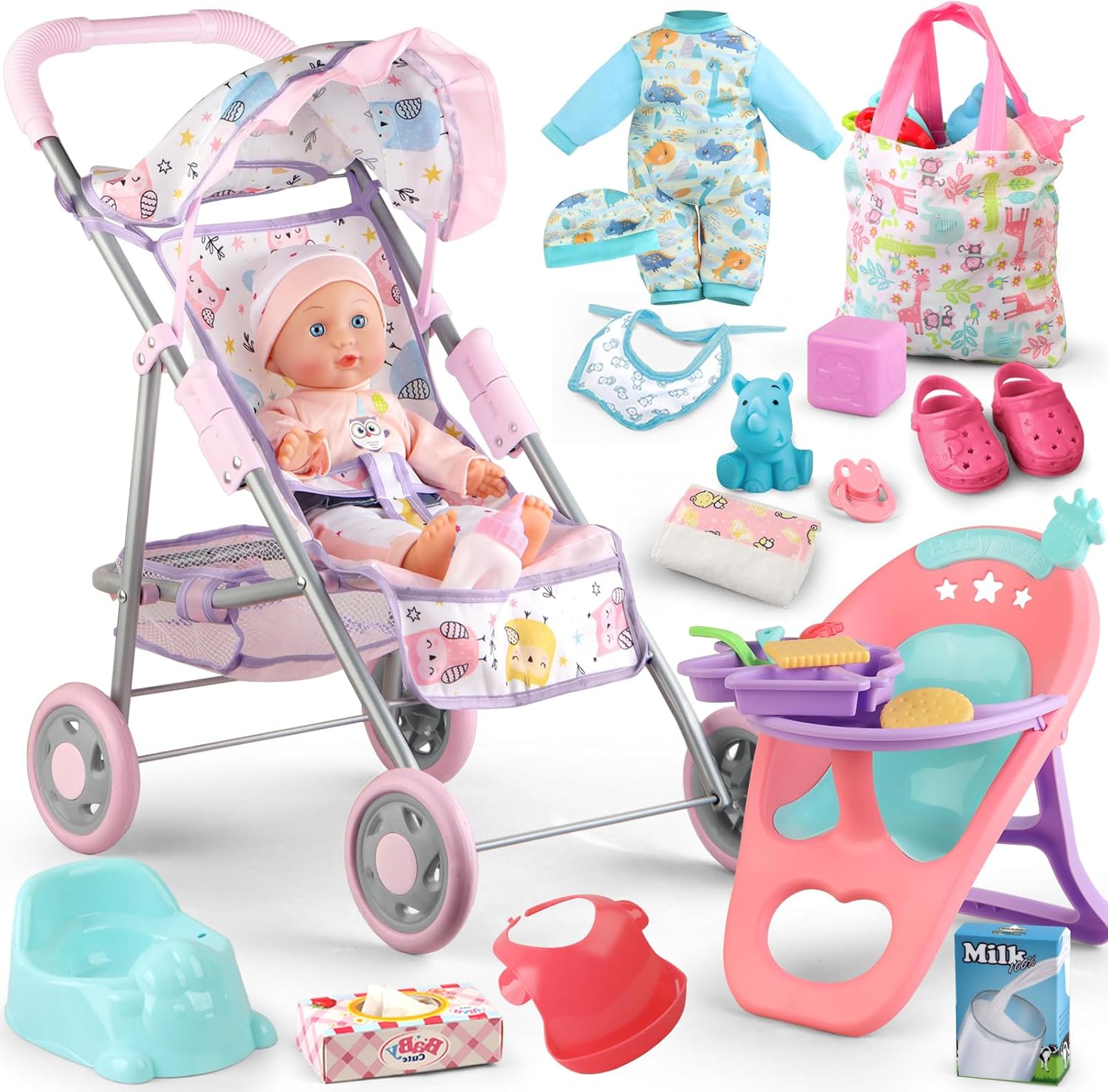 Baby Doll Stroller Play Set with 12.5" Baby Doll,Dining Chair, 2 Sets Clothes and 20 PCS Doll Accessories. Stroller Toy for 3, 4, 5, 6 Year Old Toddler Girls for Realistic Pretend Play.