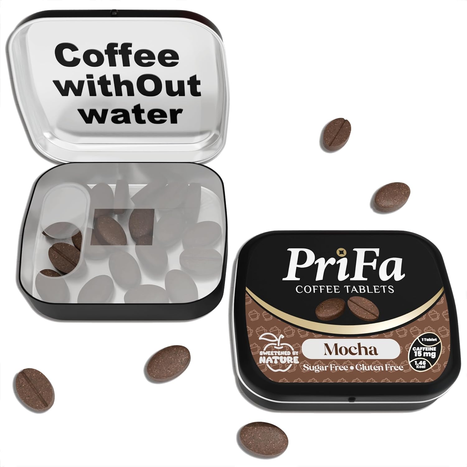PriFa Mocha Coffee Tablets – Sweetened with Stevia, Decadent Mocha Flavor, Instant Coffee On-The-Go, Portable Caffeine Boost – 15mg Caffeine, 25 Tablets