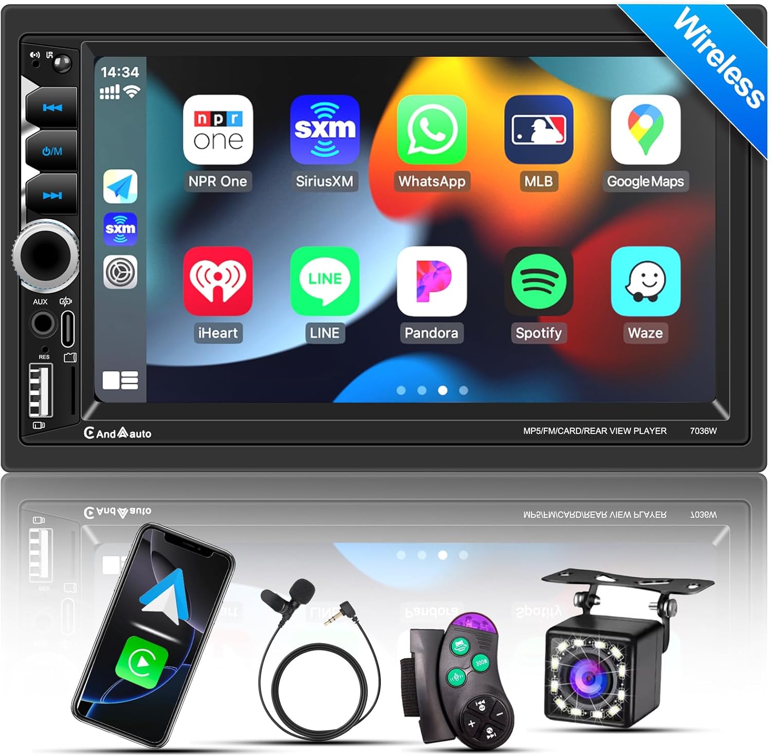 Wireless Apple CarPlay Double Din,7" Car Bluetooth 5.2,FM Car Radio,IPS 1024*600 Touch Screen Car Stereo,Backup Camera,Android Auto,DSP Subwoofer,USB,SWC,MIC,Car Audio Receiver,Car Play,178*100mm,180W