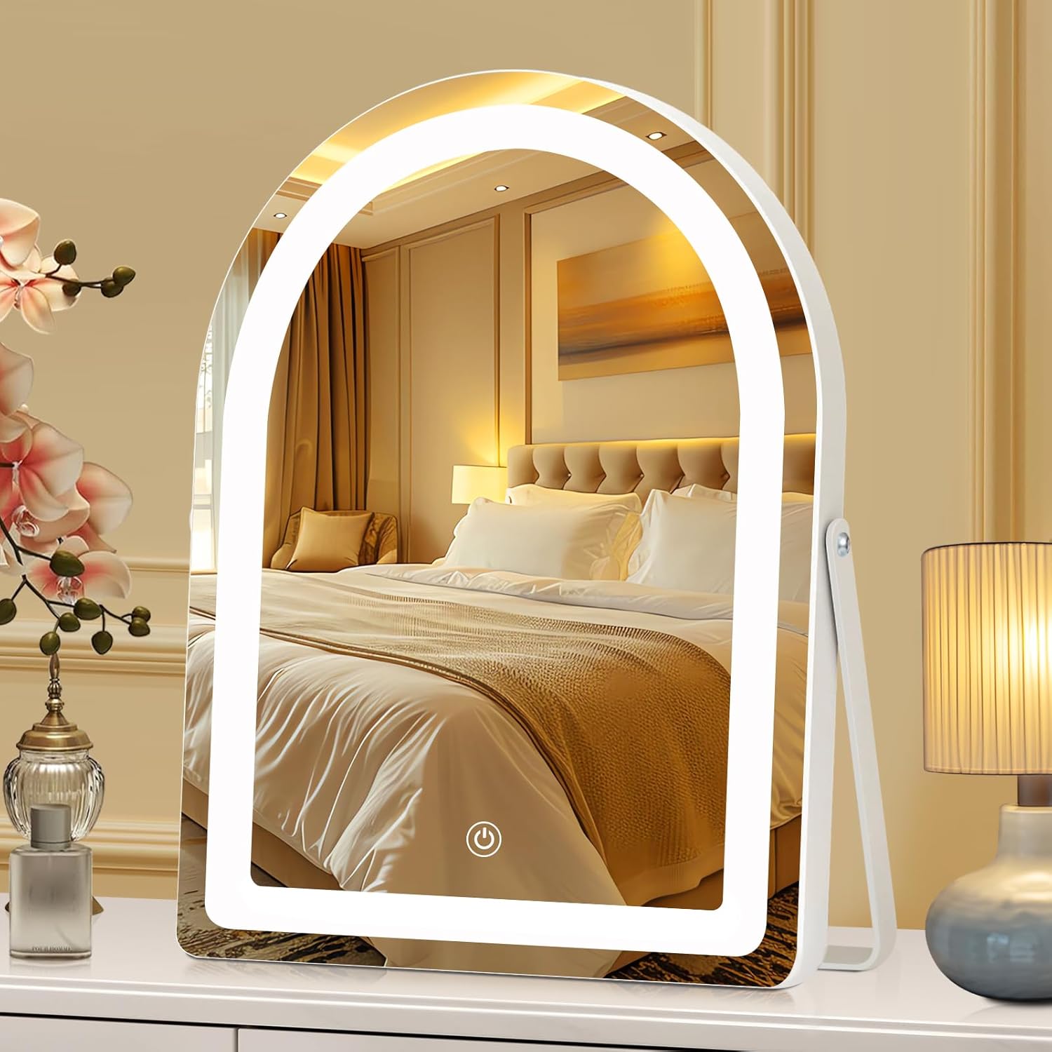 Arched Vanity Mirror with Lights, 30x25cm, 3 Color Light, Touch Switch Adjustable Brightness, 360° Rotation Dressing Table Mirror