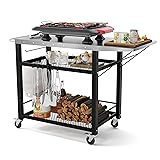 LUE BONA 43.3" W x 19.7" D Outdoor Grill Cart Table with Foldable Side Table, Movable Pizza Oven Stand for Outside Patio, Three-Shelf Stainless Steel Flattop Outdoor Cooking Prep Table with Wheels