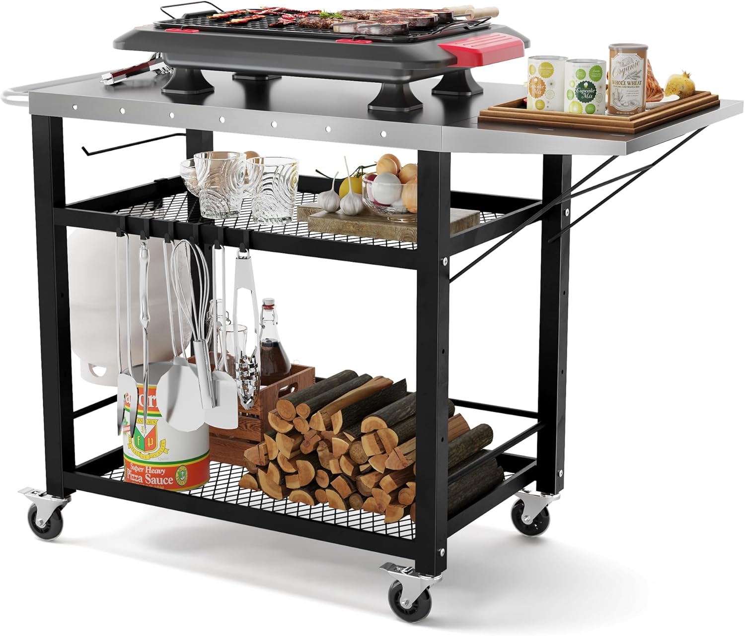 LUE BONA 43.3" W x 19.7" D Outdoor Grill Cart Table with Foldable Side Table, Movable Pizza Oven Stand for Outside Patio, Three-Shelf Stainless Steel Flattop Outdoor Cooking Prep Table with Wheels