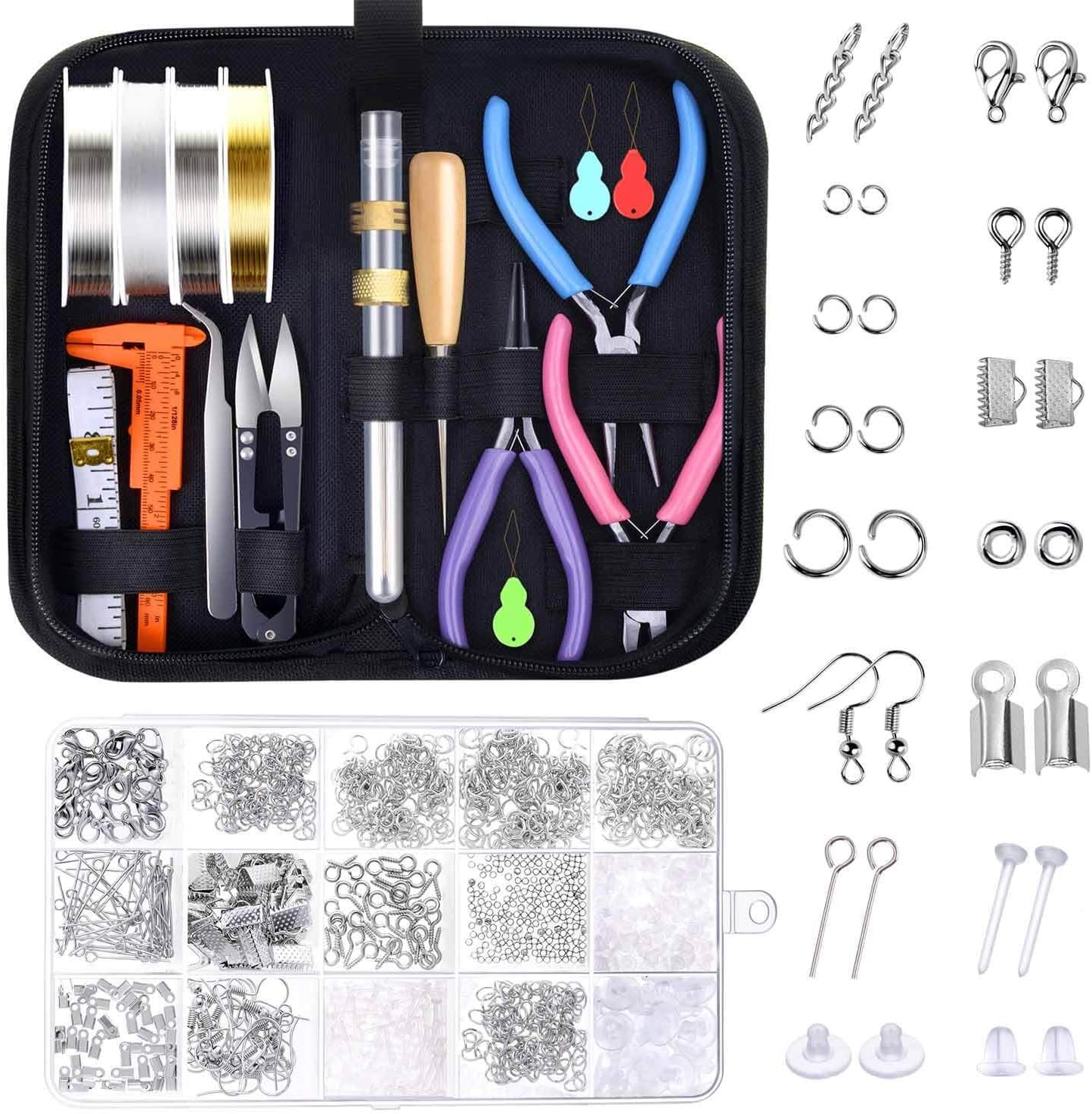Anezus Jewelry Making Tools Kit - Wire Wrapping Kit with Beading Needles, Pliers, Elastic String and Earring Findings for Jewelry Repair