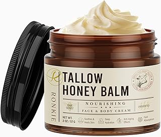 Beef Tallow for Skin Care: Grass-Fed Beef Tallow and Raw Honey Balm - Unscented Natural Tallow Face Moisturizer Smooth Soft for Dry Skin (2oz)