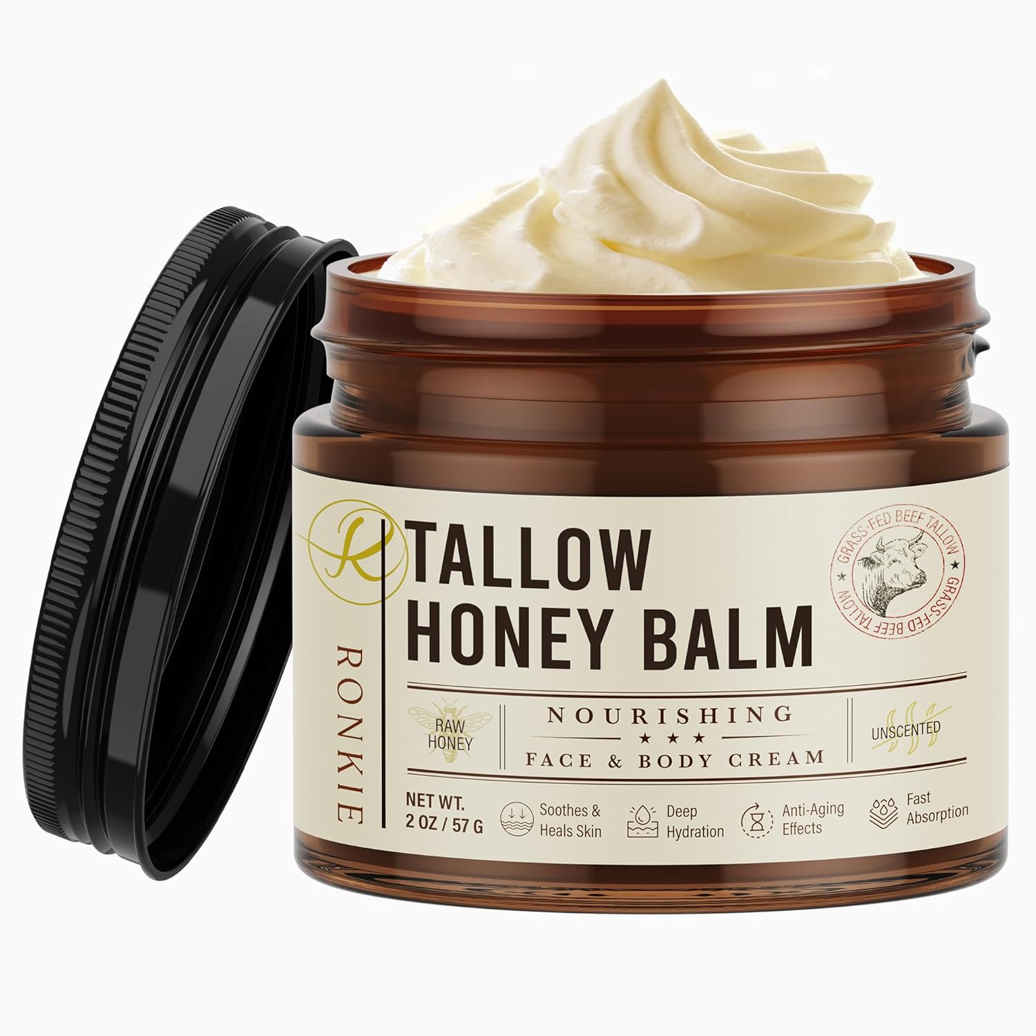 Beef Tallow for Skin Care: Grass-Fed Beef Tallow and Raw Honey Balm - Unscented Natural Tallow Face Moisturizer Smooth Soft for Dry Skin (2oz)