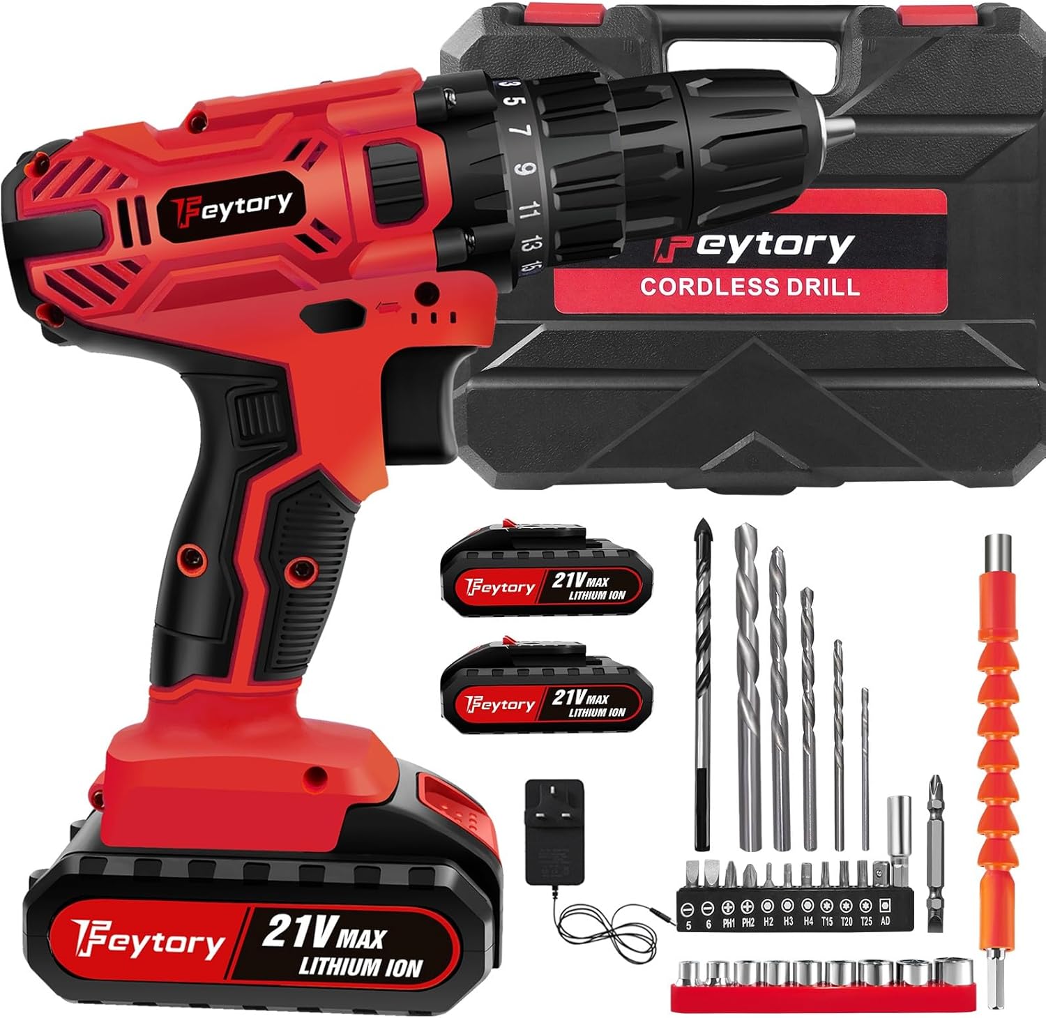 21V Cordless Drill Combo Kit with 2 x 1500mAh Batteries and Charger, 25+1 Torque 45 Nm Power Drill, 2-Speed Electric Screwdriver, Safety Lock 3/8" Chuck, 29 Accessories Power Tools with Carrying Case