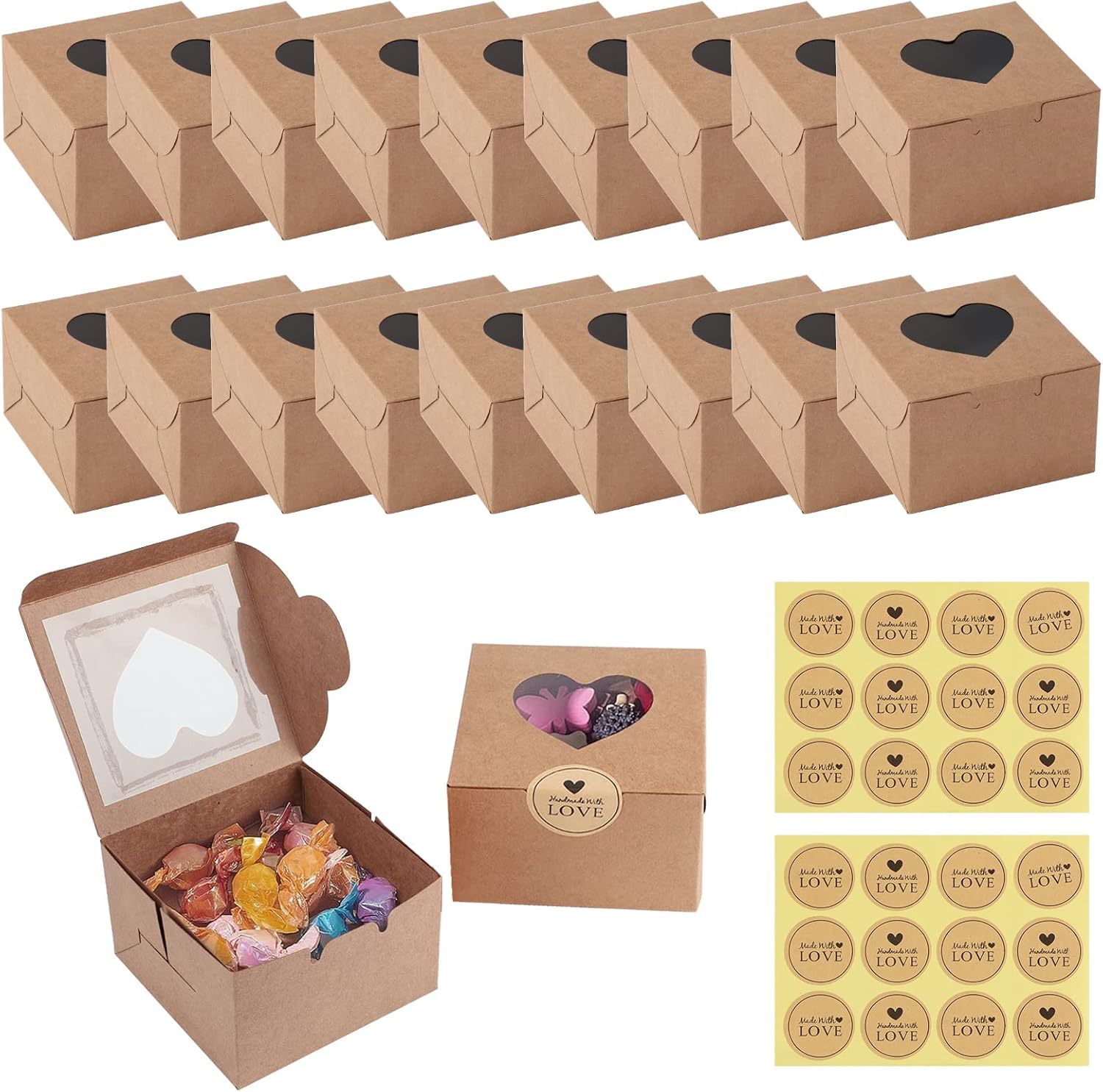 JOYSKY 10 Pcs Brown Cupcake Boxes Paper Cake Box Bakery Pastry Boxes with Windows and 24 Stickers Kraft Candy Boxes for Cupcakes Desserts Pastries Cookies Small Cakes Candy Pies & Gifts