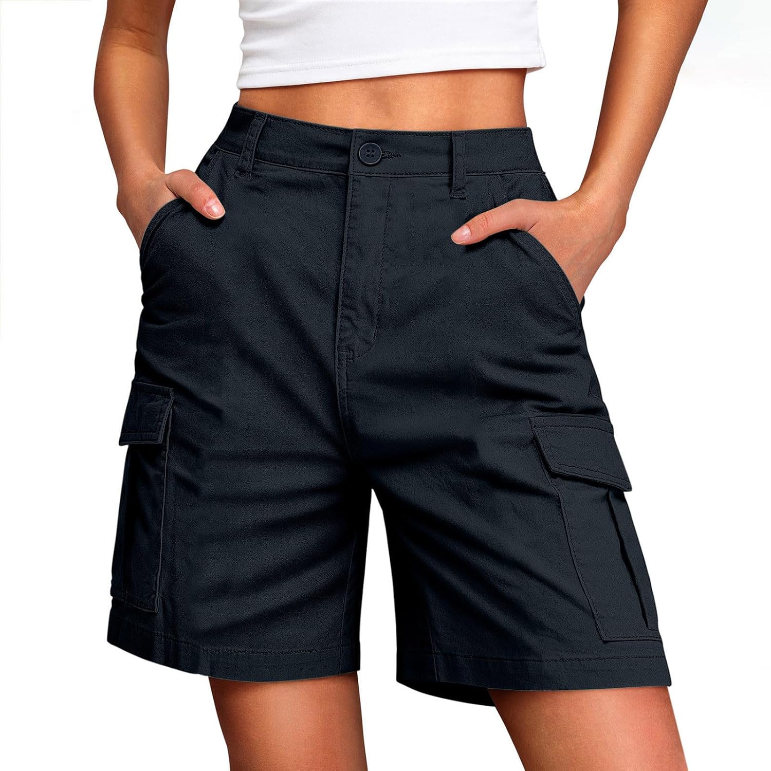 Womens Cargo Shorts Stretch Cotton Summer Pants Elastic Waist Tracksuits Bottoms Combat Bermuda Cargo Shorts 7" Baggy Hiking Walking Running Pants with 4 Pockets Plus Size Y2K Jumpers