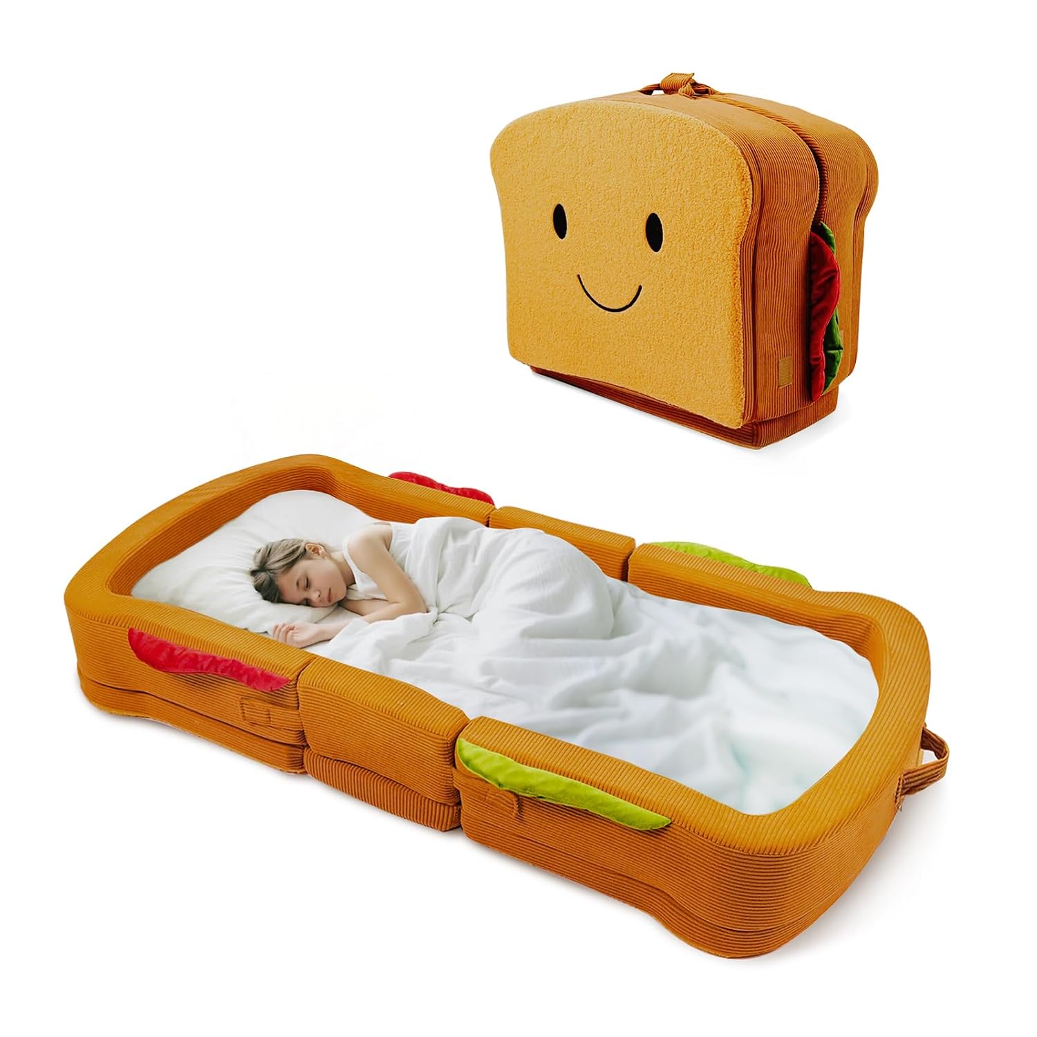 Toddler Travel Bed Sandwich Style - Portable Toddlers Floor Beds, Foldable Soft Foam Travel Bed for Baby and Kid, Washable Cover Toddler Cot with Safety Rail for Travel, Home/Travel Sleep