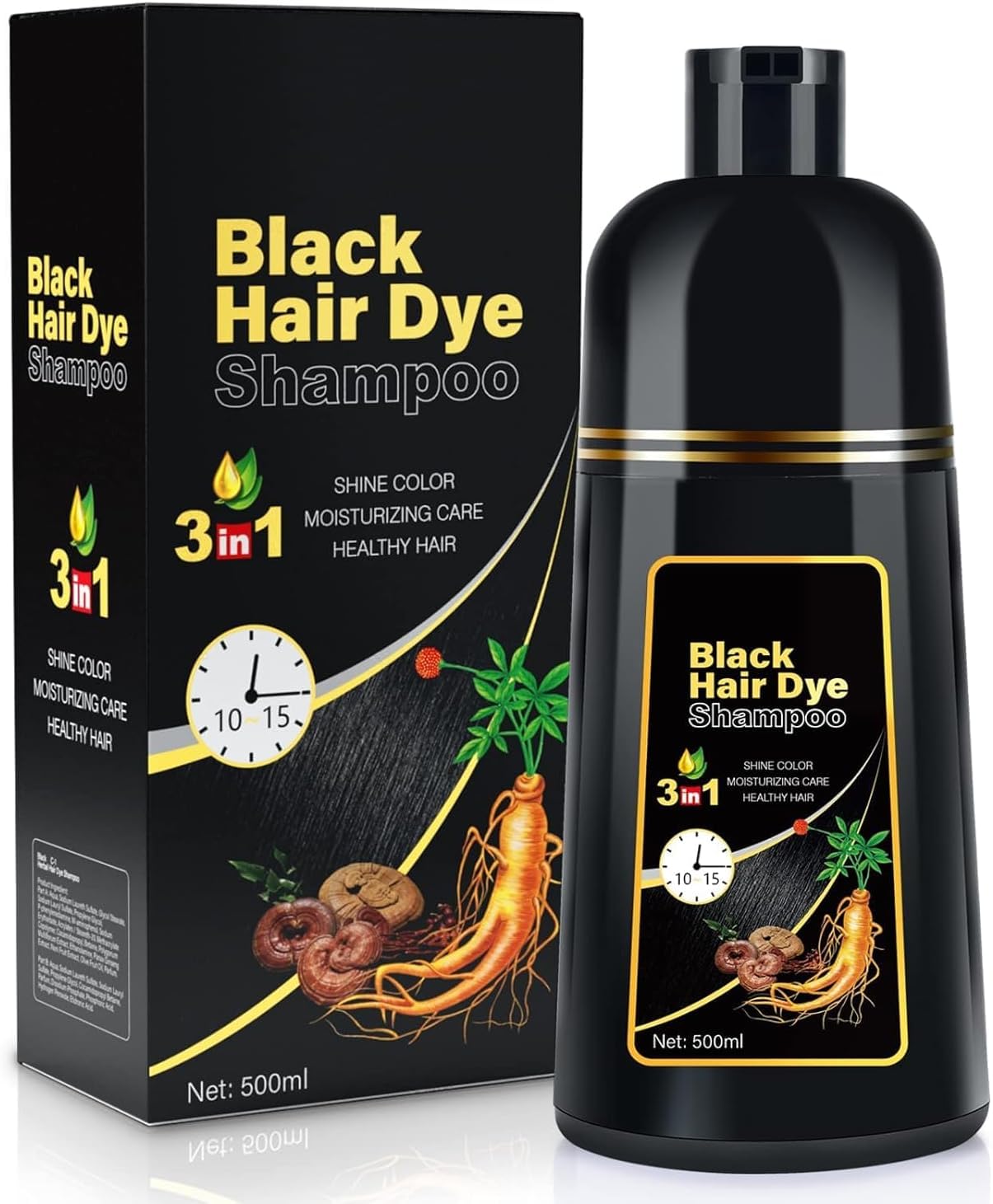 IIIMEIDU Hair Dye Shampoo for Gray Hair Coverage, 3 in 1 Natural Black Dye for Women Men, 500ml