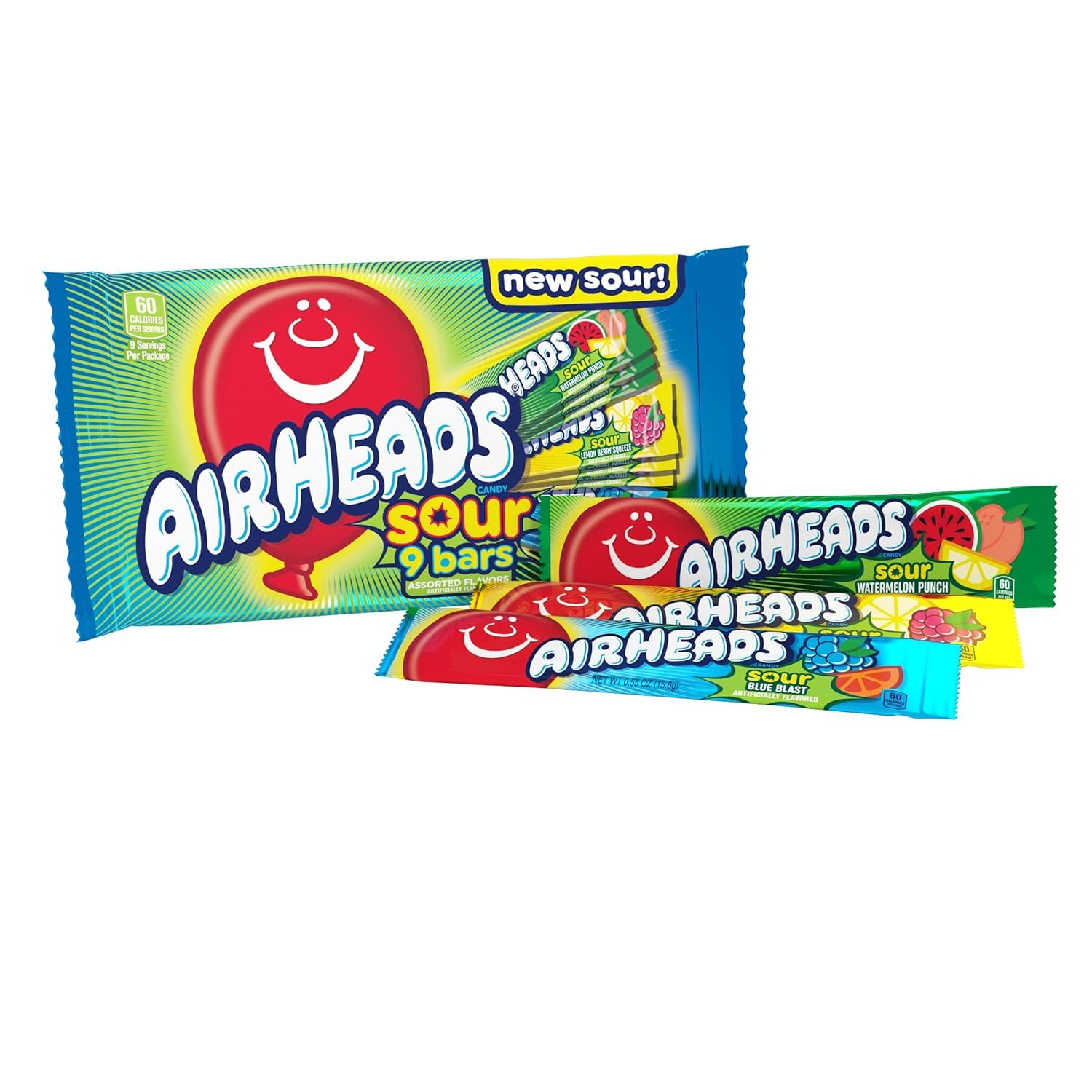 Airheads Sour Full-Size Candy Bars, Taffy Assorted Bag, Individually Wrapped Candy, Three Assorted Flavors, 9 Count Bag