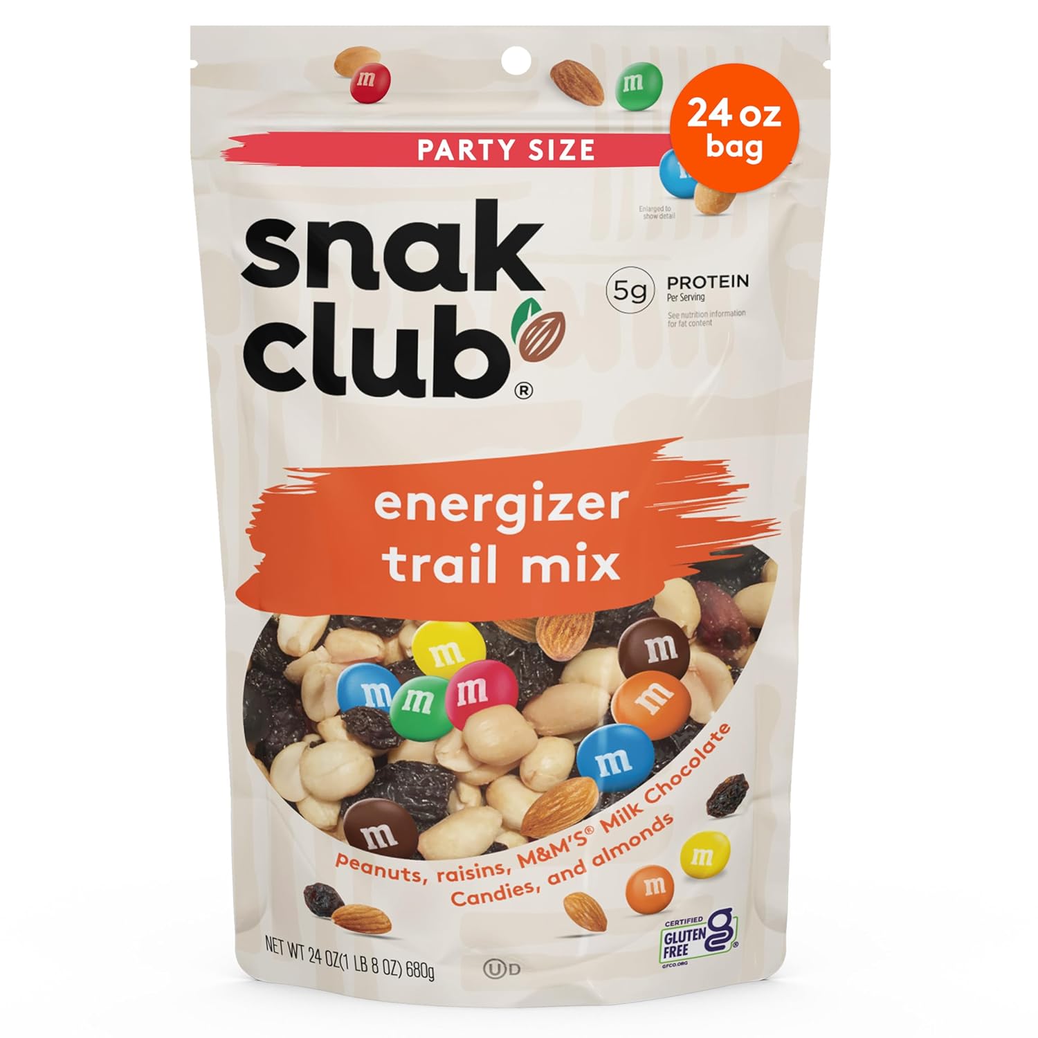 Snak Club Energizer Trail Mix with Roasted Salted Peanuts, Raisins, M&M’S Chocolate Candies, Roasted Almonds, Gluten-Free and Kosher Snack, 24 oz Resealable Bag | Perfect balance of sweet and crunchy flavors in a resealable family-size bag for lunches, road trips, and snacking.