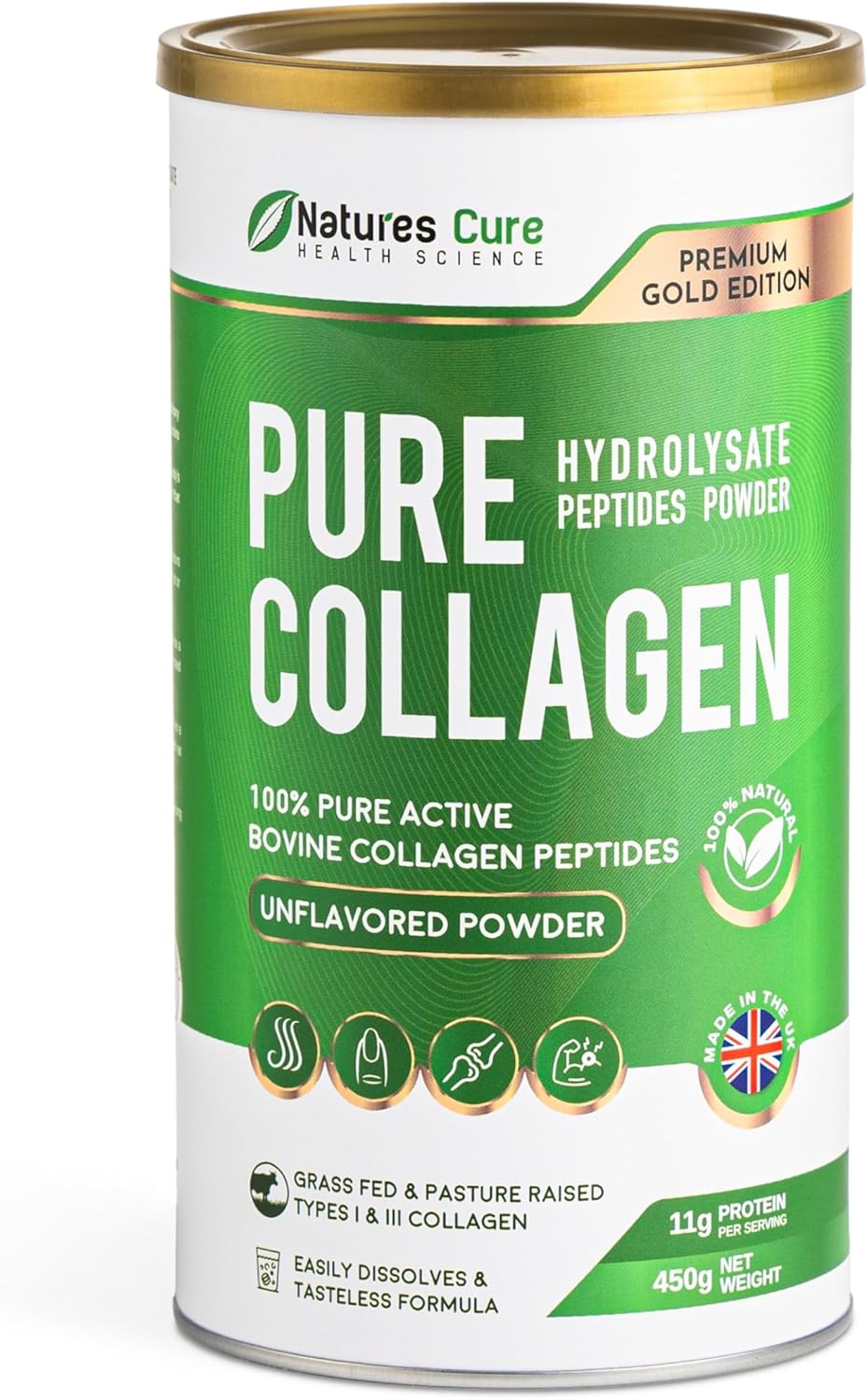 Premium Hydrolyzed Collagen Powder - Unflavored Halal Certified Supplement for Joint Health - 450g Can of Bovine Hides Collagen Peptides