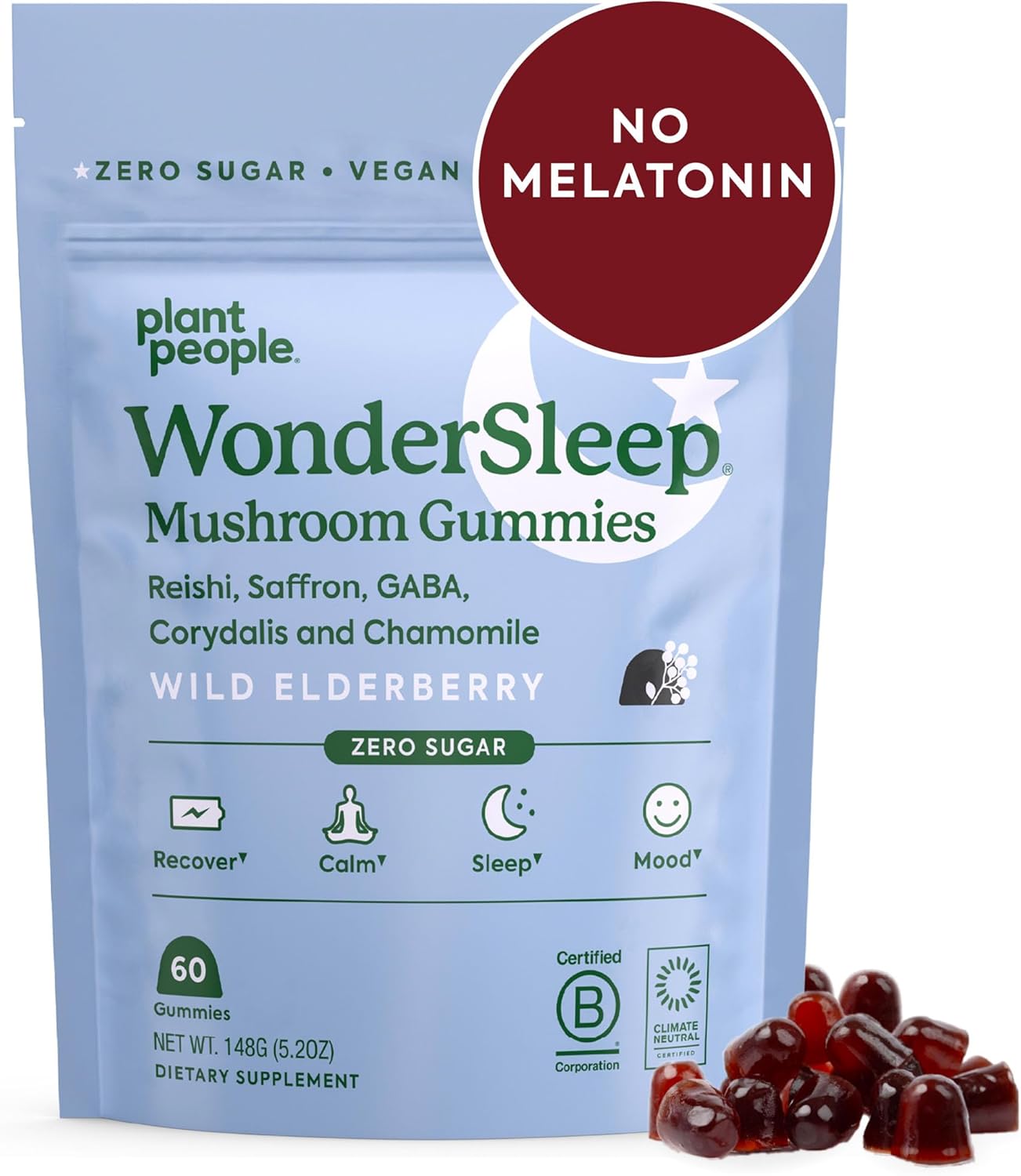 Plant People WonderSleep Mushroom Gummies Supplement for Sleep and Relaxation with Reishi Super Mushrooms, Wild Elderberry Flavor, No Sugar (60 Count)