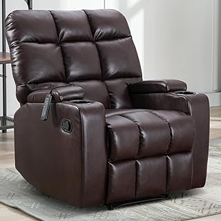 Phoenix Home Manual Recliner Chair, Breathable Faux Leather Reclining Chairs with Overstuffed Arm and Back, Living Room Single Sofa Recliners with Massage, Dark Brown