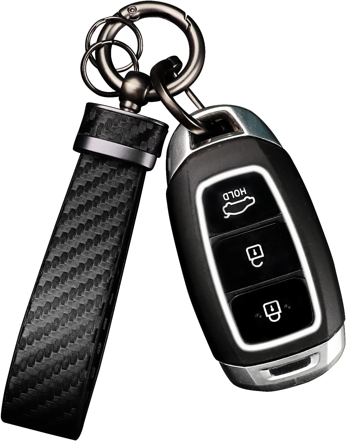Turcee Leather Car Keychain - Carbon Fiber Interior Key Fob with Anti-Lost D-Ring - Car Accessory Key Ring (Black)