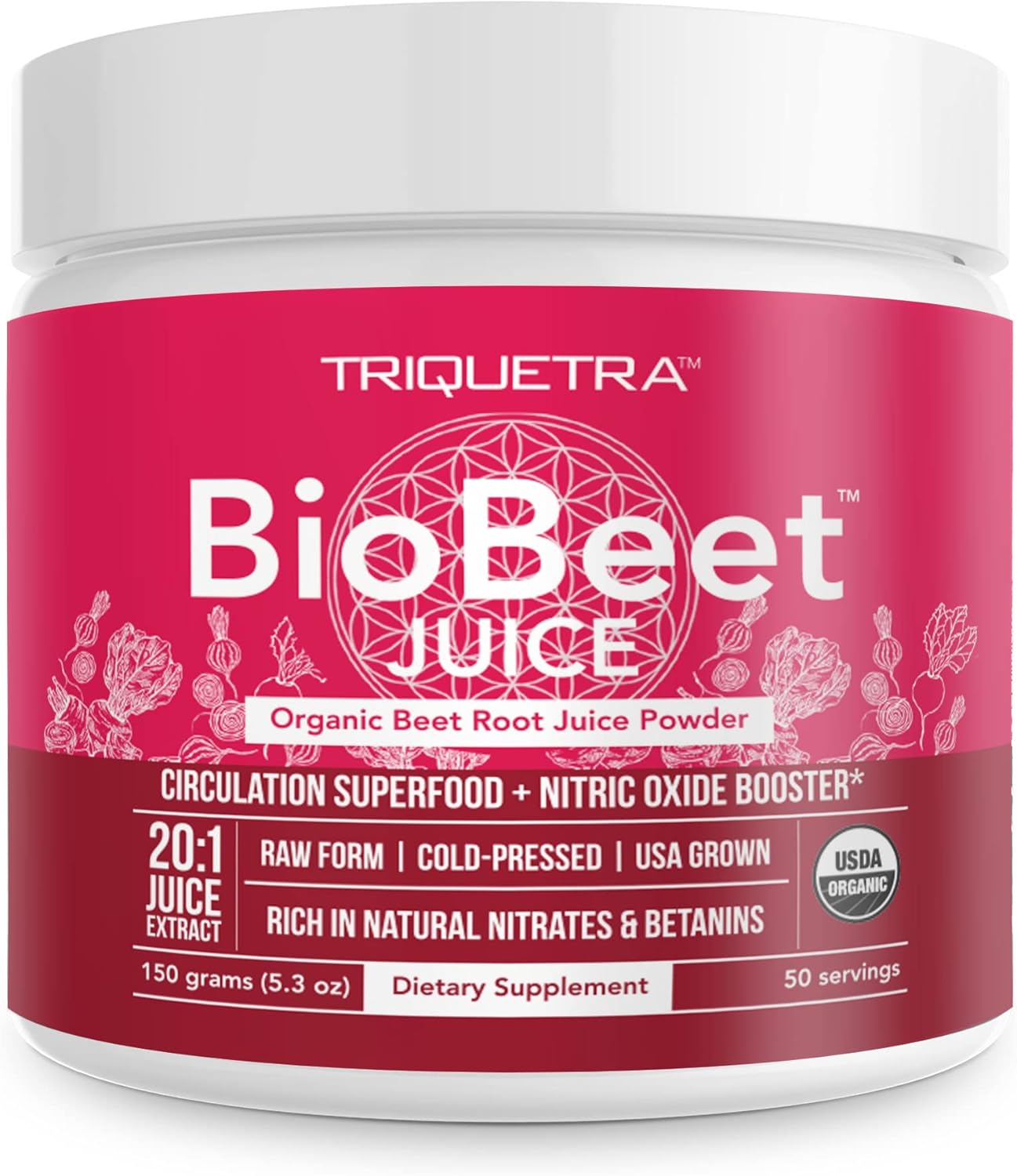 BioBeet® Max Strength Beet Root Juice Powder – 20:1 Concentrate, Each Serving Derived from 60,000 mg Organic Beetroot - Cold-Pressed, USA Grown – Nitric Oxide, Circulation Support – 50 Servings
