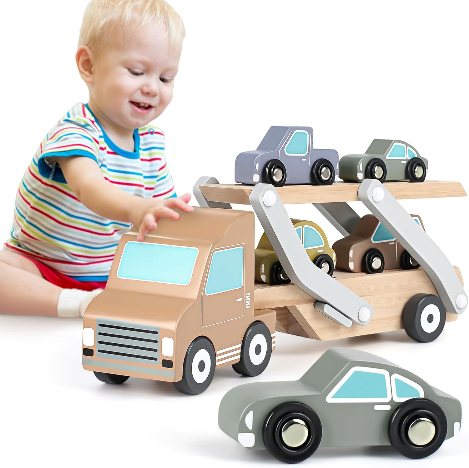 Wooden Toys Car Transporter Toy with 4 Cars Wooden Toys 2 3 Year Old Toy Cars for Toddlers Gifts for 3 Year Olds Boys Girls