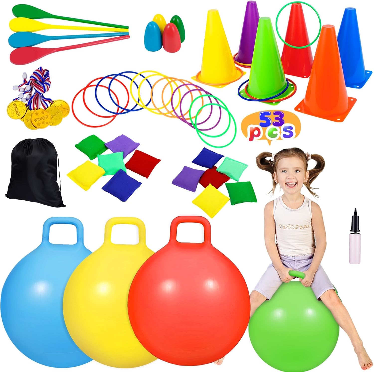 CWLAKON Outdoor Carnival Games 53Pcs, Hopper Balls for Kids, Soft Plastic Cones Bean Bags Ring Toss Game, Egg Spoon Relay Race, Outside Lawn Yard Backyard Field Day Birthday Party Family Reunion Game