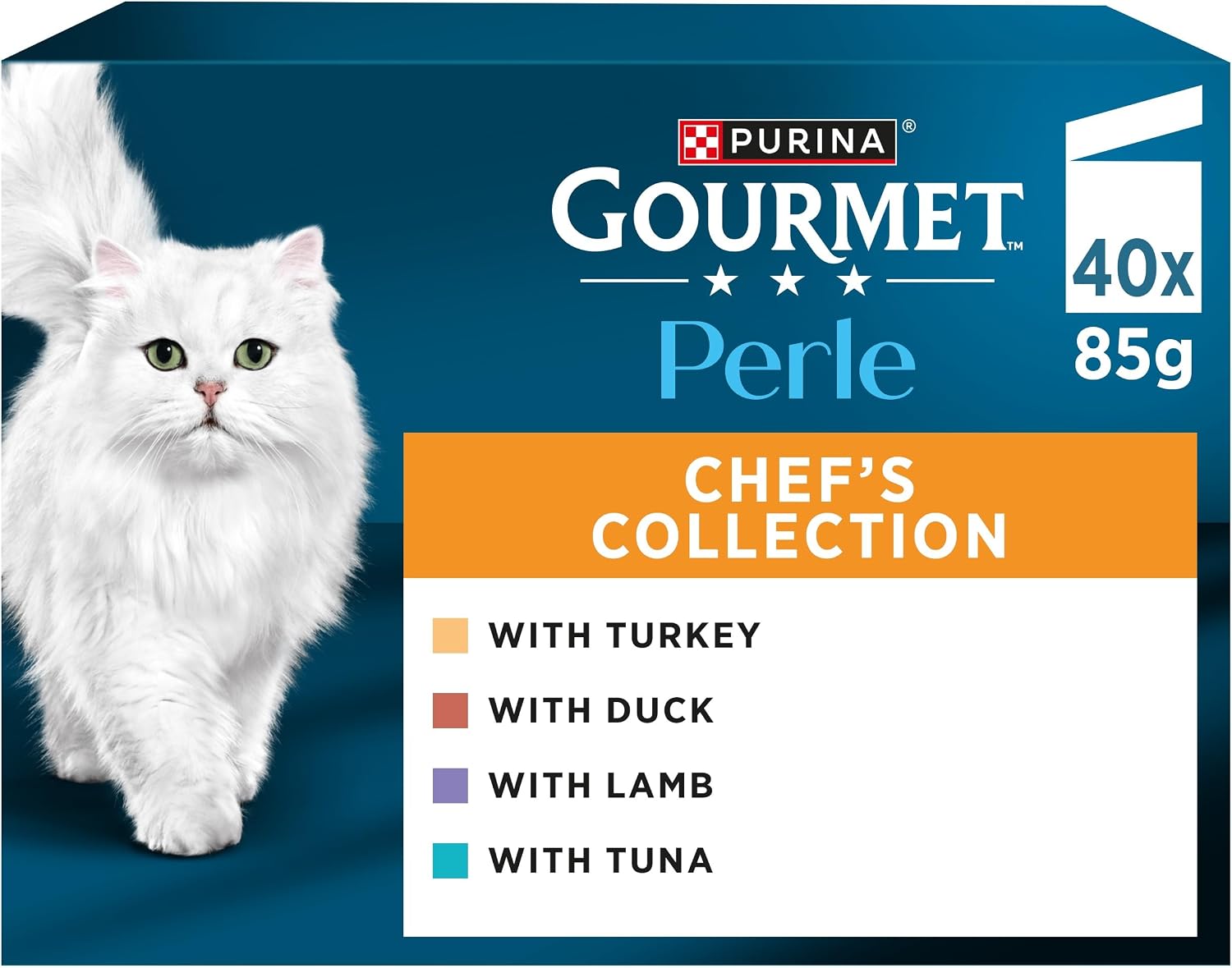 GOURMET Perle Chef's Collection Adult Wet Cat Food Mini Fillets in Gravy Variety Turkey, Tuna, Duck, Lamb 40 x 85g Pouches