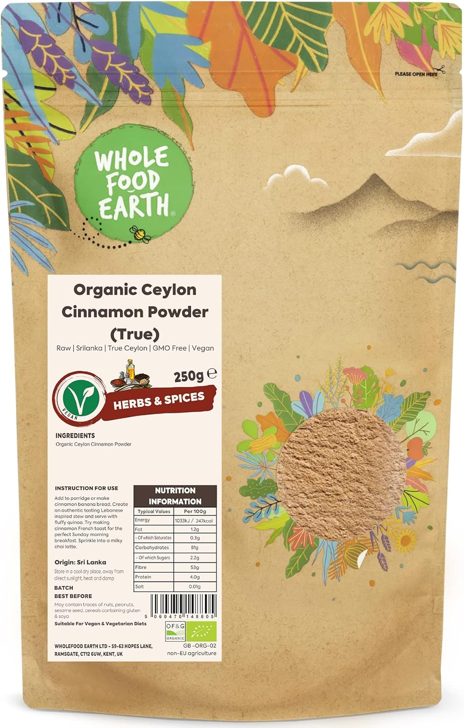 Wholefood Earth Organic Ceylon Cinnamon Powder (True) 250g Raw | Srilanka | True Ceylon | GMO Free | Vegan | Certified Organic