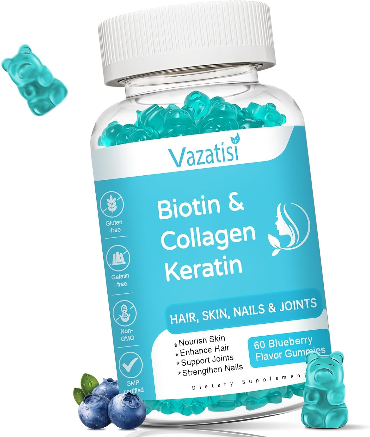 Biotin Gummies with Collagen & Keratin for Hair Skin Nails- Supports Hair Growth and Stronger Nails, Women Men, Kids - 60 Blueberry Flavored Gummies