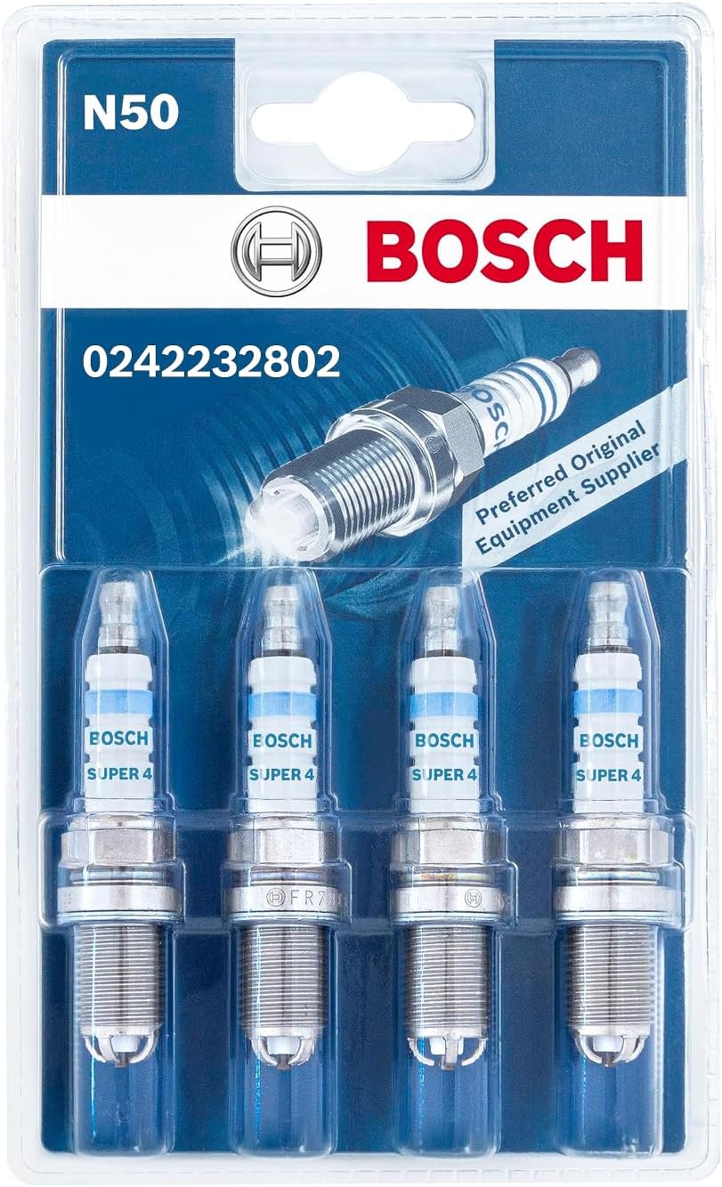Bosch Super 4 0242232802 (N50), Spark Plug Set of 4 - for a Reliable Gasoline Engine Start and Long Service - with Robust Design