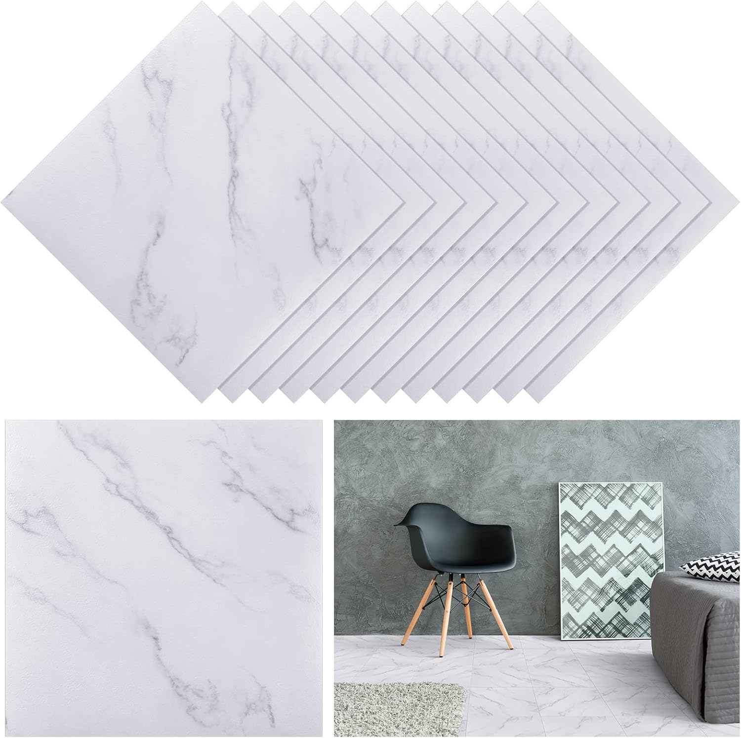 48 Pieces Vinyl Flooring Peel and Stick Floor Tile Stick on Floor Tile Self Adhesive Waterproof Bathroom 12 x 12 Inch for Bathroom Kitchen Bedroom Living Room(White Marble)