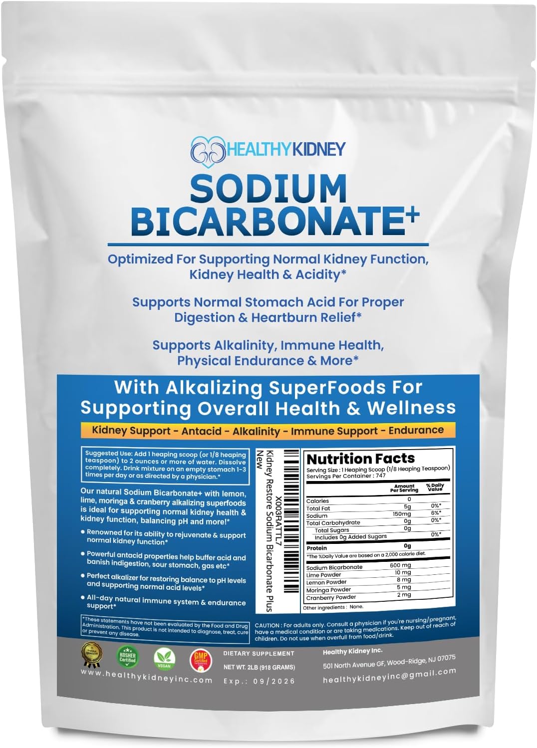 Organic Sodium Bicarbonate Alkaline Supplement For Alkalinity. Support Kidneys & Stomach Acid Neutralizer with Alkaline Superfoods. Sodium Bicarbonate Powder Kidney Immune Support Antacid Sports 2 LB.