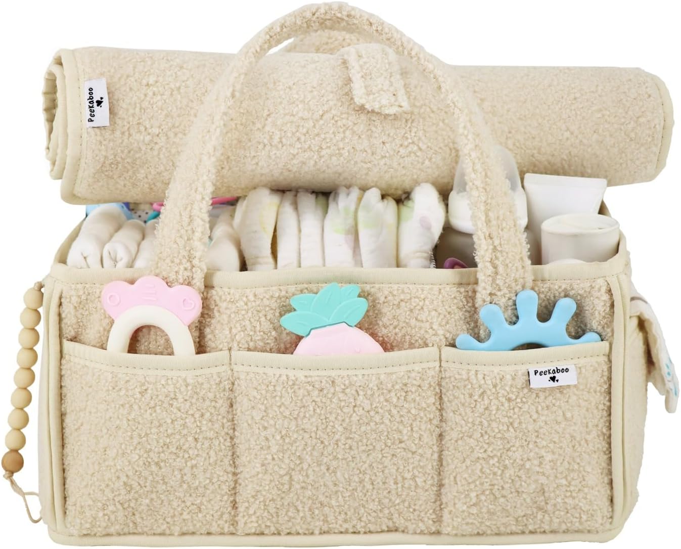 PEEKABOO Teddy Nappy Caddy Organiser & Changing Mat Set - Cream, Baby Shower Gifts, Newborn Essentials, New Baby Gifts (UK Company)