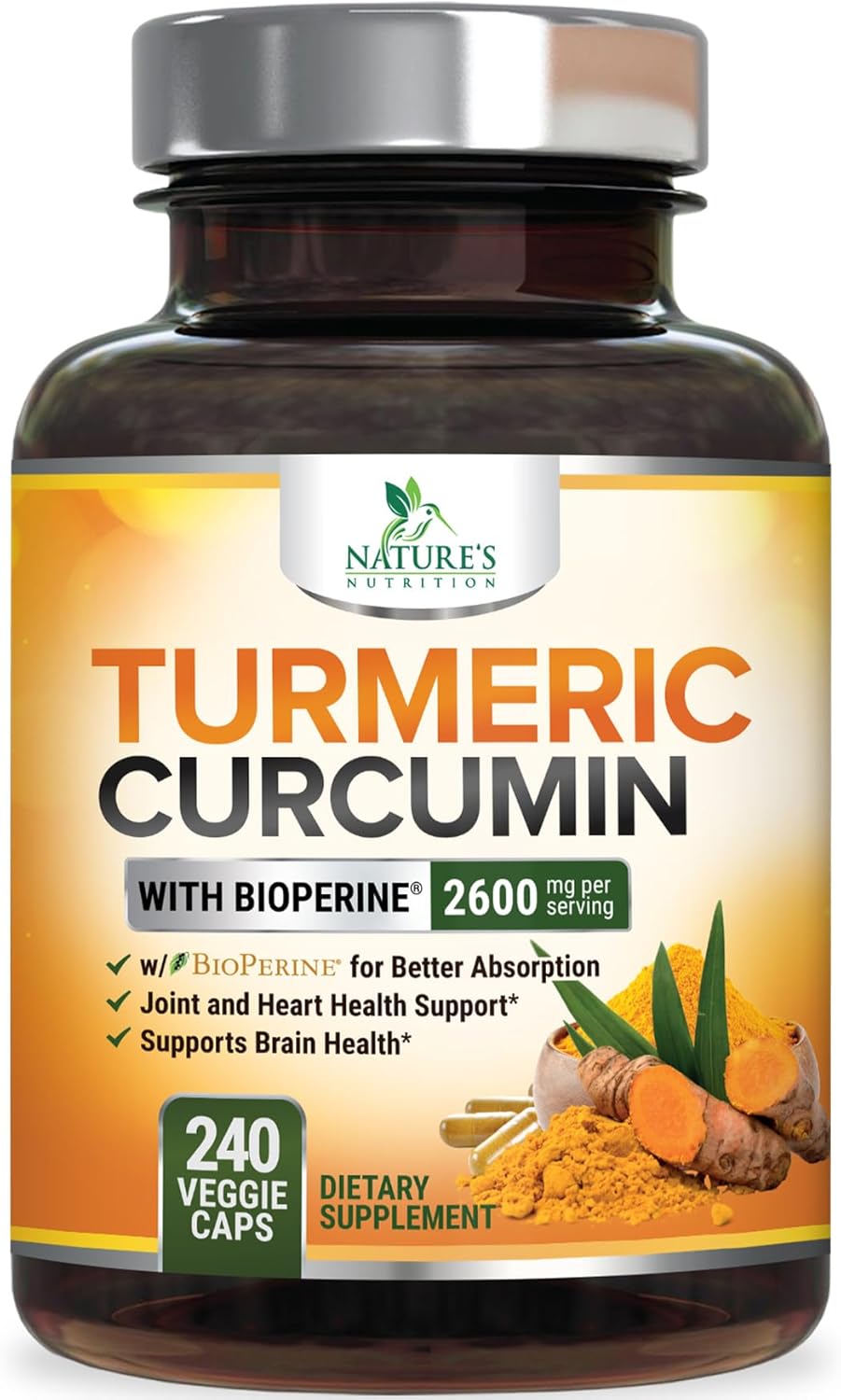Turmeric Curcumin Supplement with BioPerine 95% Curcuminoids 2600mg with Black Pepper for Best Absorption, Bottled in USA, Best Natural Vegan Joint Support, Nature's Non-GMO Tumeric - 240 Capsules