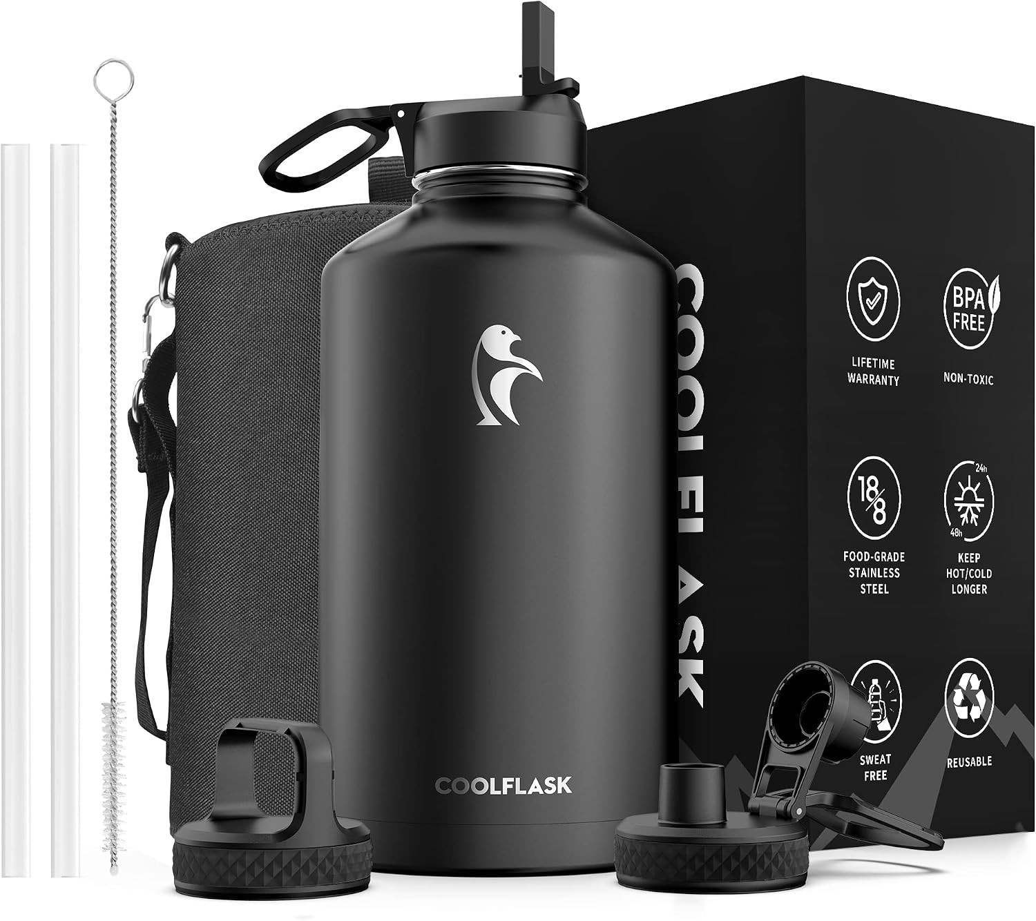 Coolflask 128 oz Gallon Water Bottle Insulated with Straw & 3 Leakproof Lid | Large Water Jug Stainless Steel Triple-Wall, Cold 48+h/Hot 24+h, Dishwasher Safe, BPA-Free, for Outdoor Gym & Hiking
