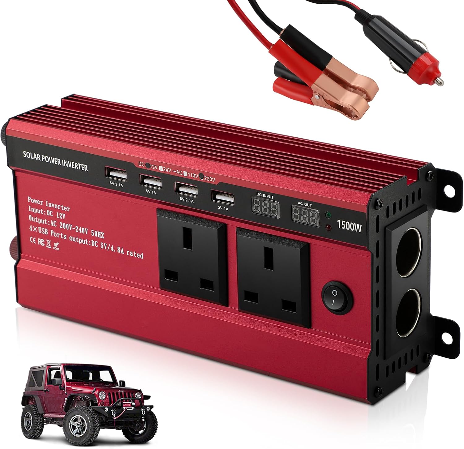 1500W Power Inverter 12V to 240V AC Car Converter, Power Inverter with 3.1A 4 USB 2 AC Sockets Dual Car Adapter, 2 LED Display, for Travel Camping RV Motorhomes Boat, Red