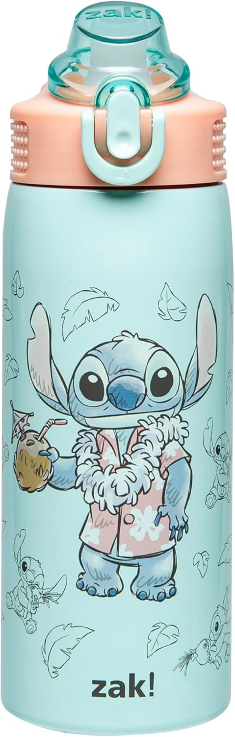 Zak Designs Disney Sage Kids Water Bottle For School or Travel, 19oz Stainless Steel Water Bottle With Straw, Handle, and Leak-Proof, Pop-Up Spout Cover (Stitch)