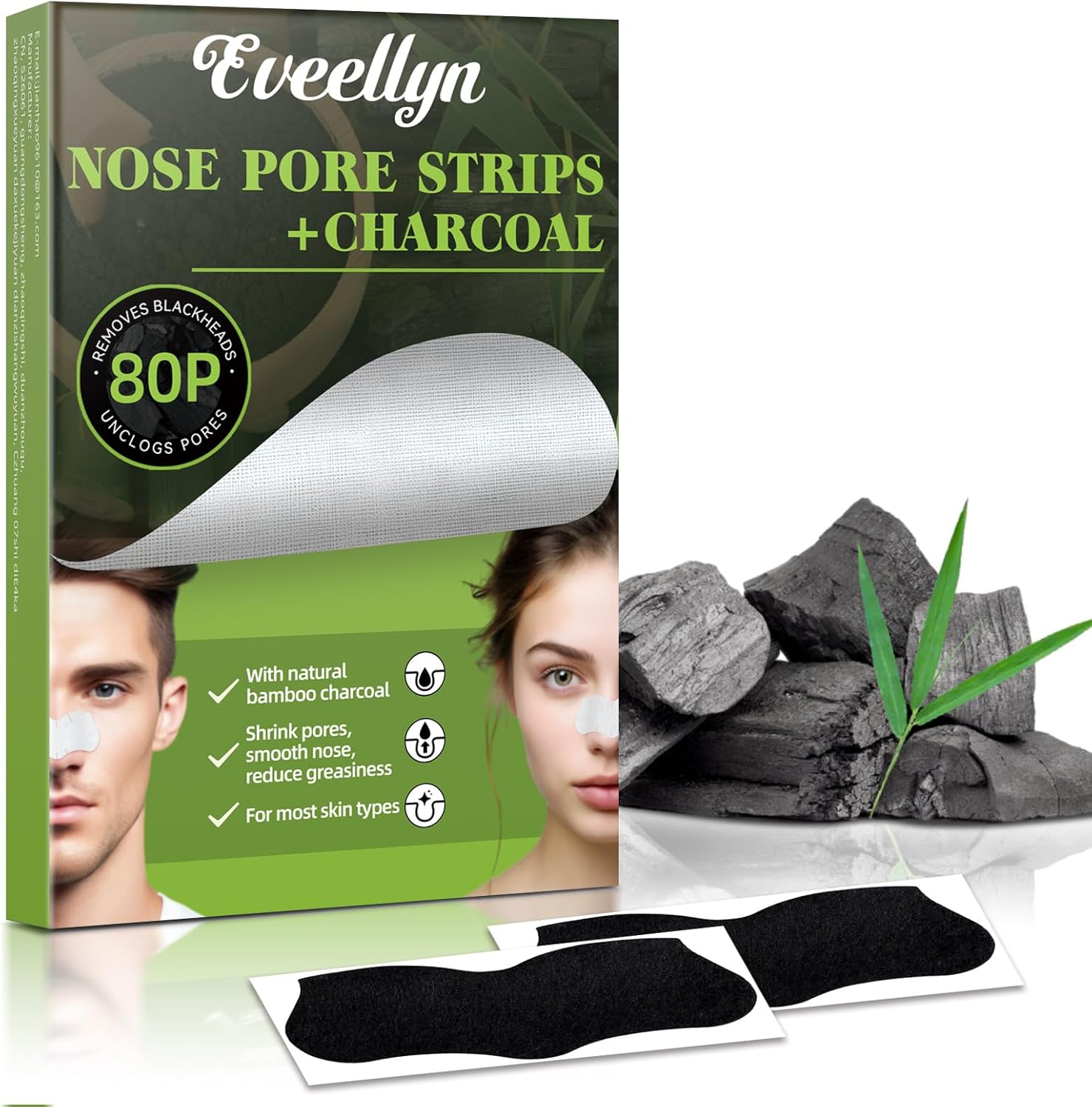 Eveellyn Blackhead Remover Strips, 80 Pcs Charcoal Pore Strips, Removes Blackheads and Unclogs Pores, Suitable for All Skin Types, Deep Cleansing Nose strips for Women and Men
