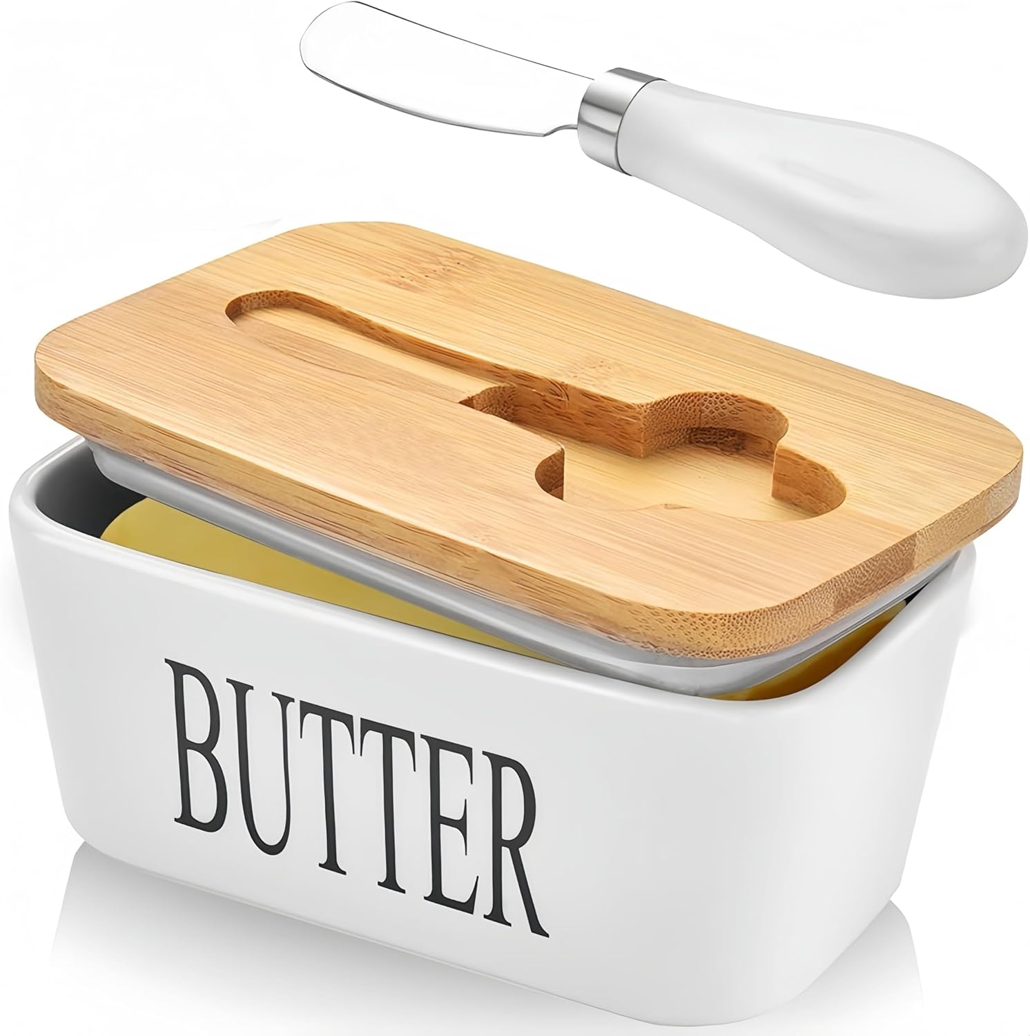 Porcelain Butter Dish with Knife & Wooden Lid, Airtight Butter Dish Butter Holder with Covers, Butter Box for Butter, Nuts, Cheese