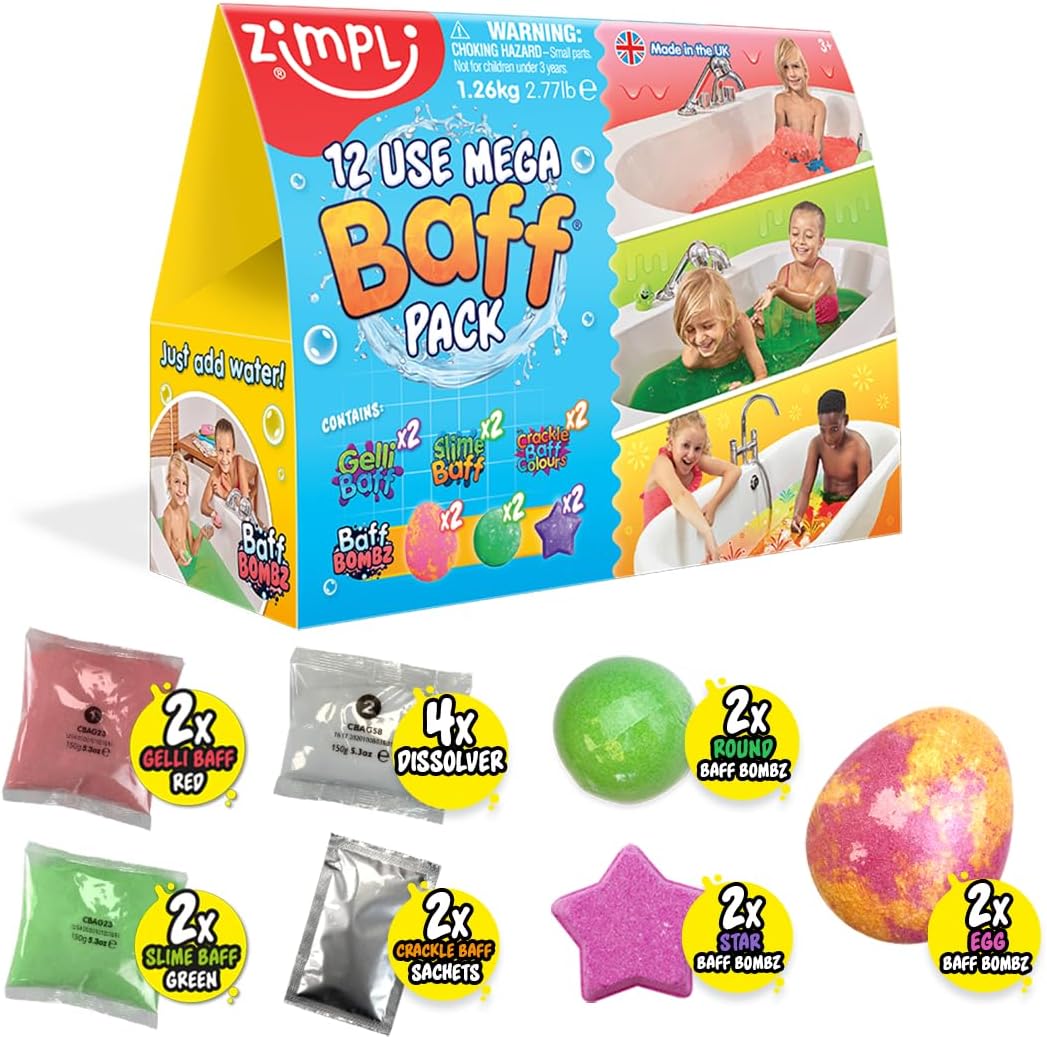 ZIMPLI 12 Use Mega Value Baff Pack, 6 x Baff Bombz, 2 x Gelli Baff, 2 x Slime Baff & 2 x Crackle Baff, Children's Sensory Bath Toy Set, Birthday Present for Kids